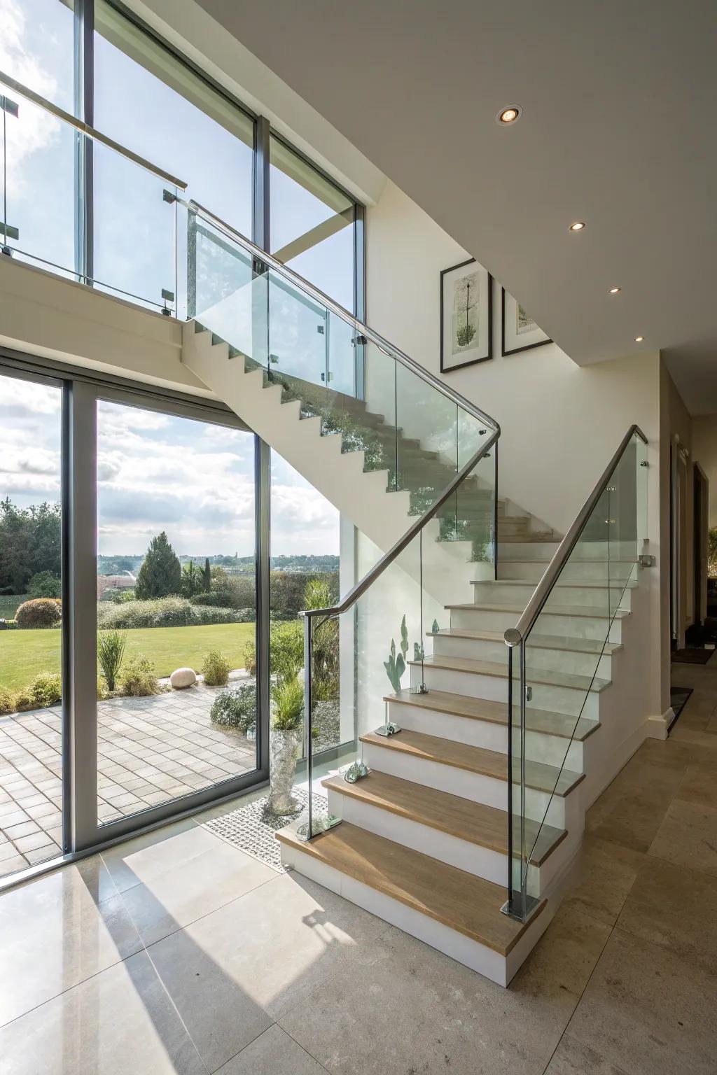 Streamlined and modern with glass panel banisters.