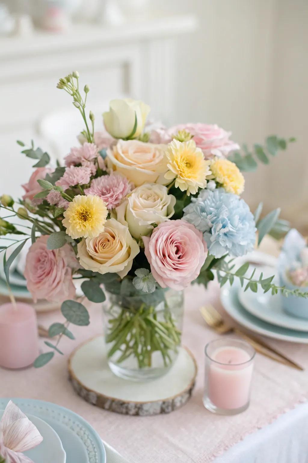 Gentle-tinted arrangements craft a soft, peaceful atmosphere.