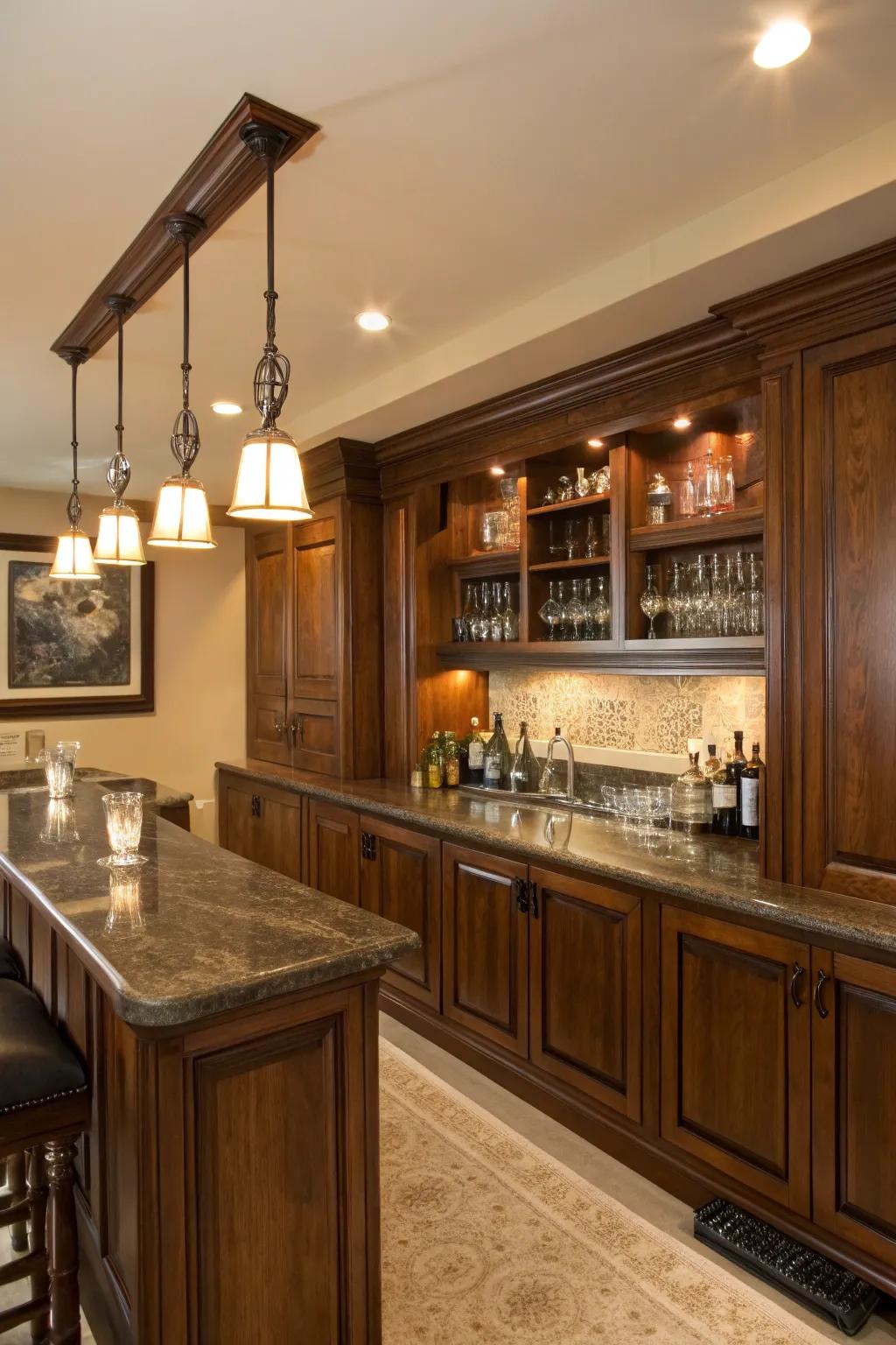 A home bar showcasing a comforting wood tone backsplash with gentle lighting.