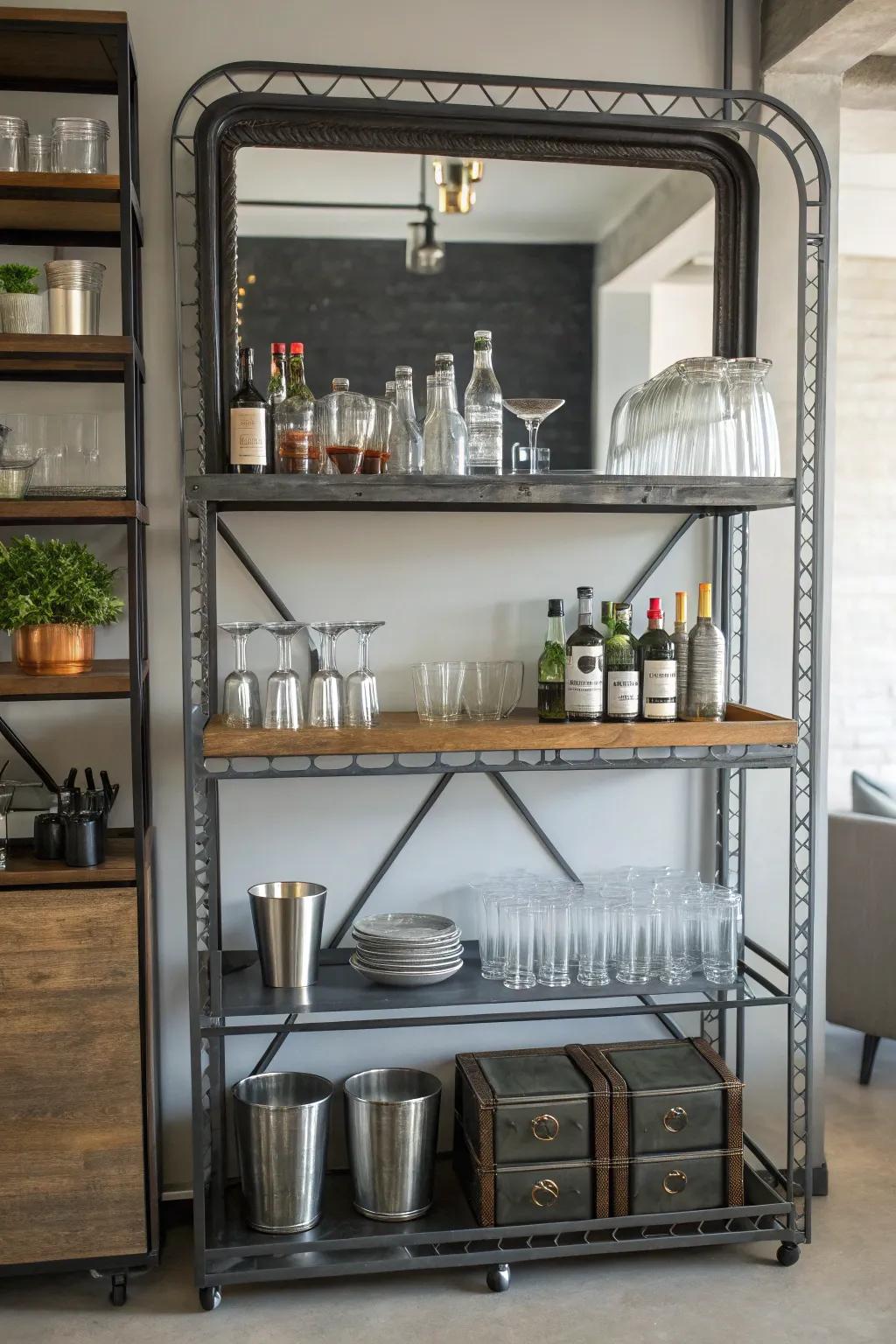 Industrial chic with metal and mirrored elements in your bar design.