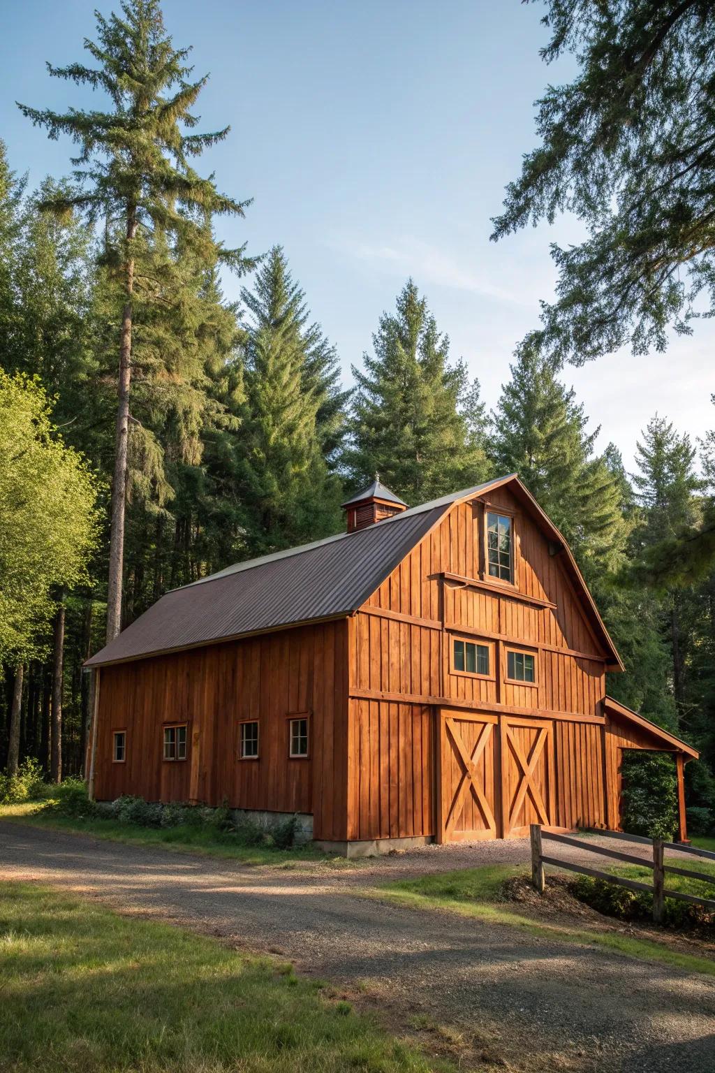 A redwood-protected barn that radiates warmth and natural beauty.