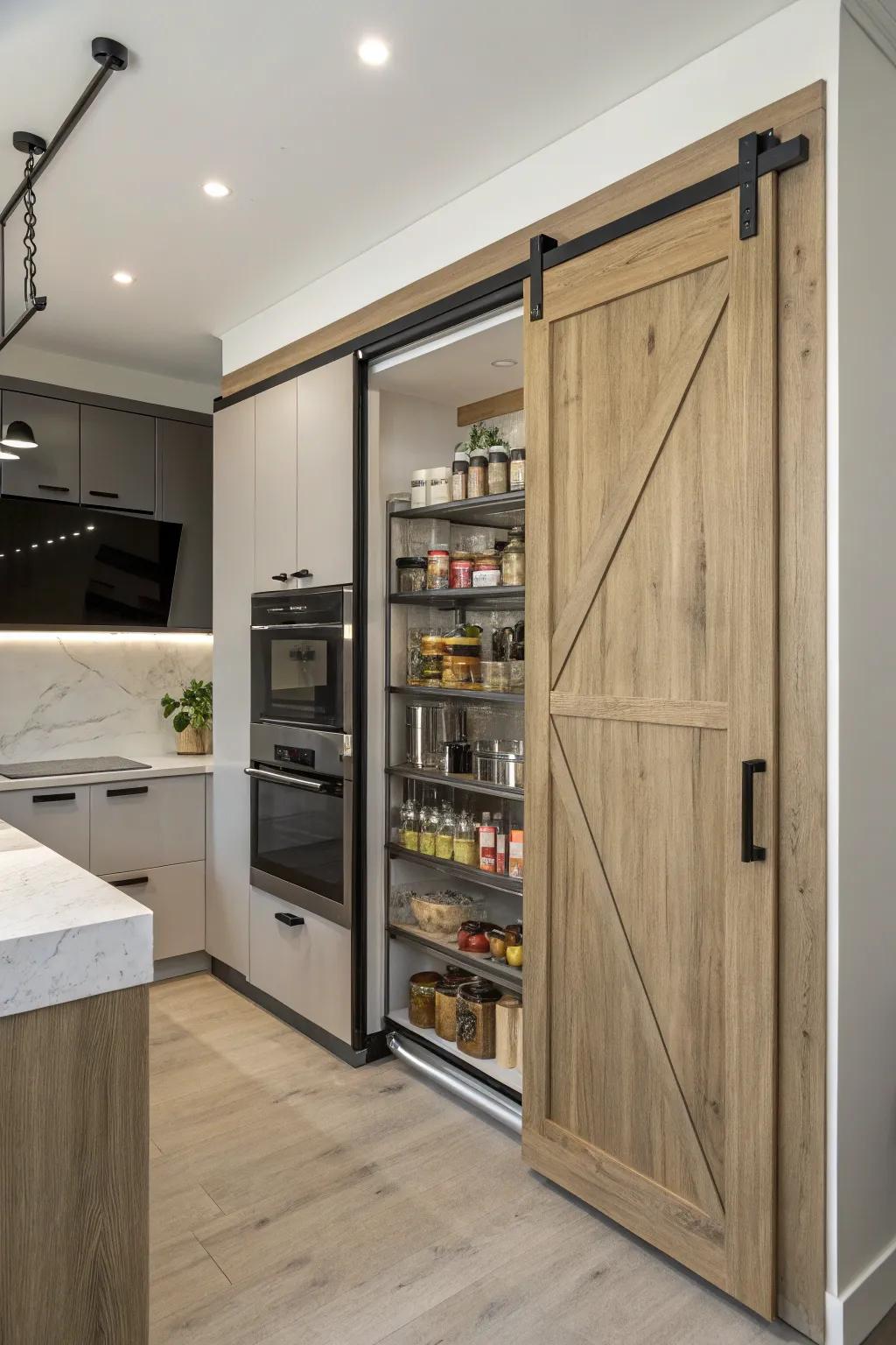 A modern kitchen that incorporates a state-of-the-art gliding mechanism for the barn door pantry.