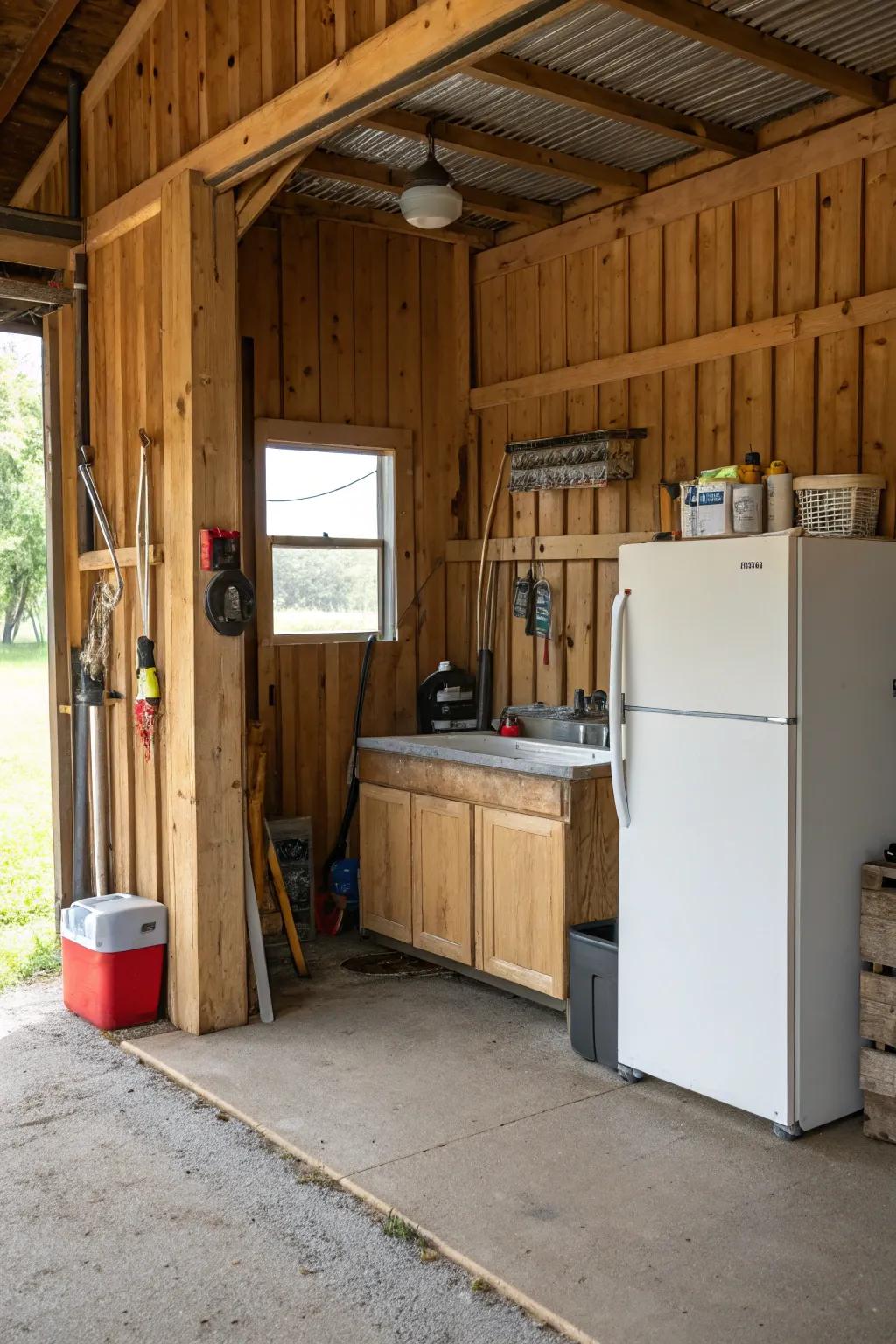 A fridge and sink make this barn garage handy.
