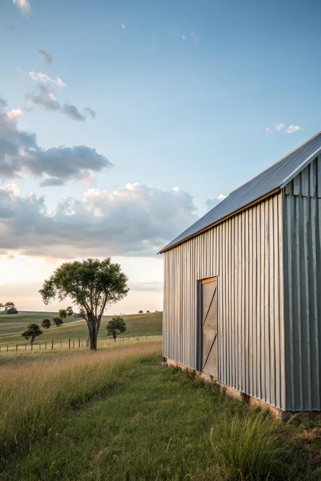 A barn with metal siding that makes a striking visual impact.