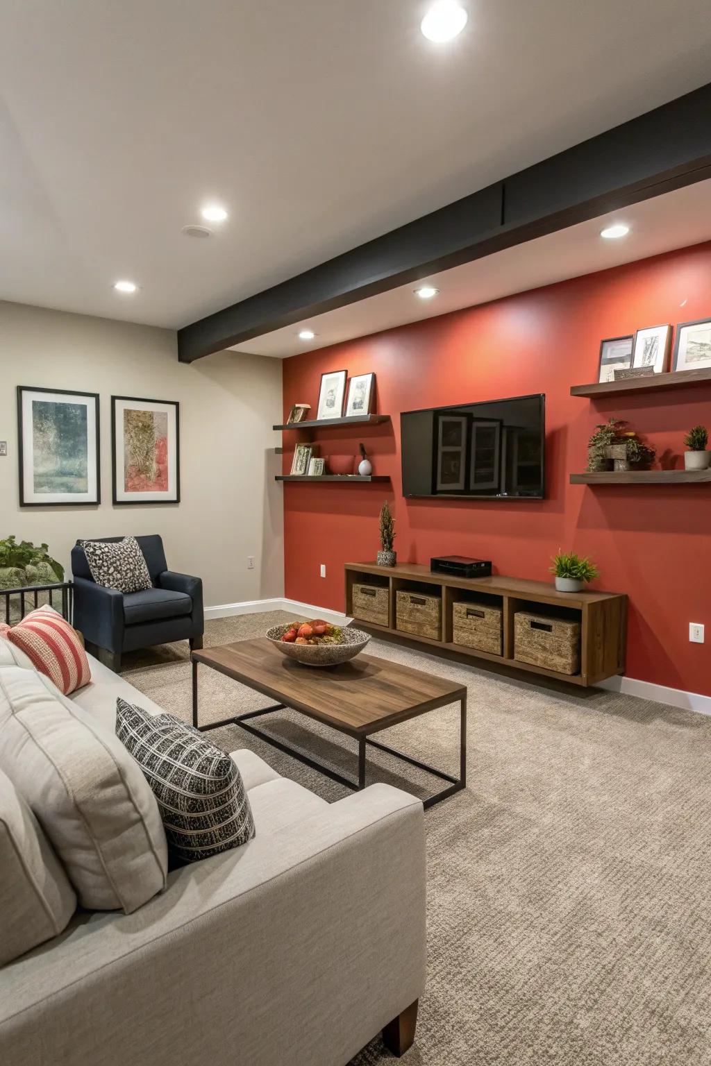 A feature wall lends character and appeal to this basement family space.