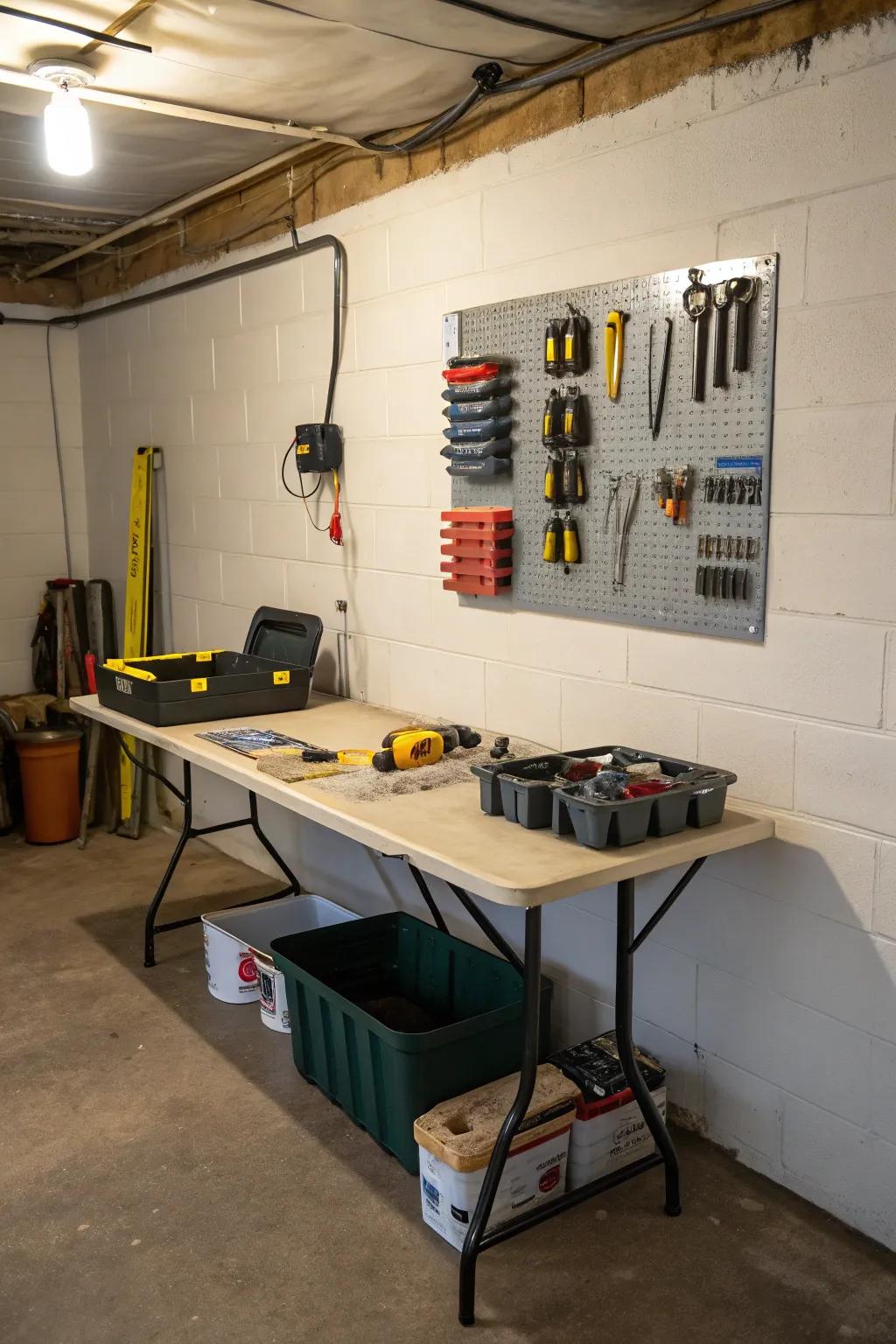 A folding desk furnishes a pragmatic workspace in the basement.