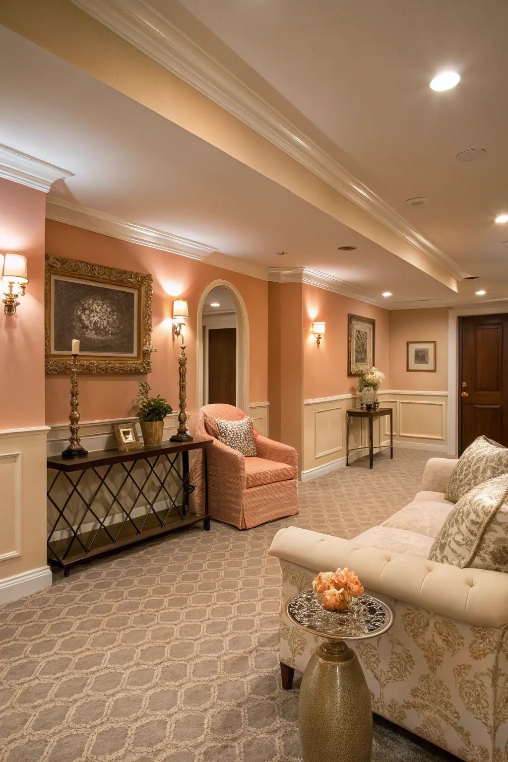 Walls of soft peach give subtle elegance to this chic lower level.
