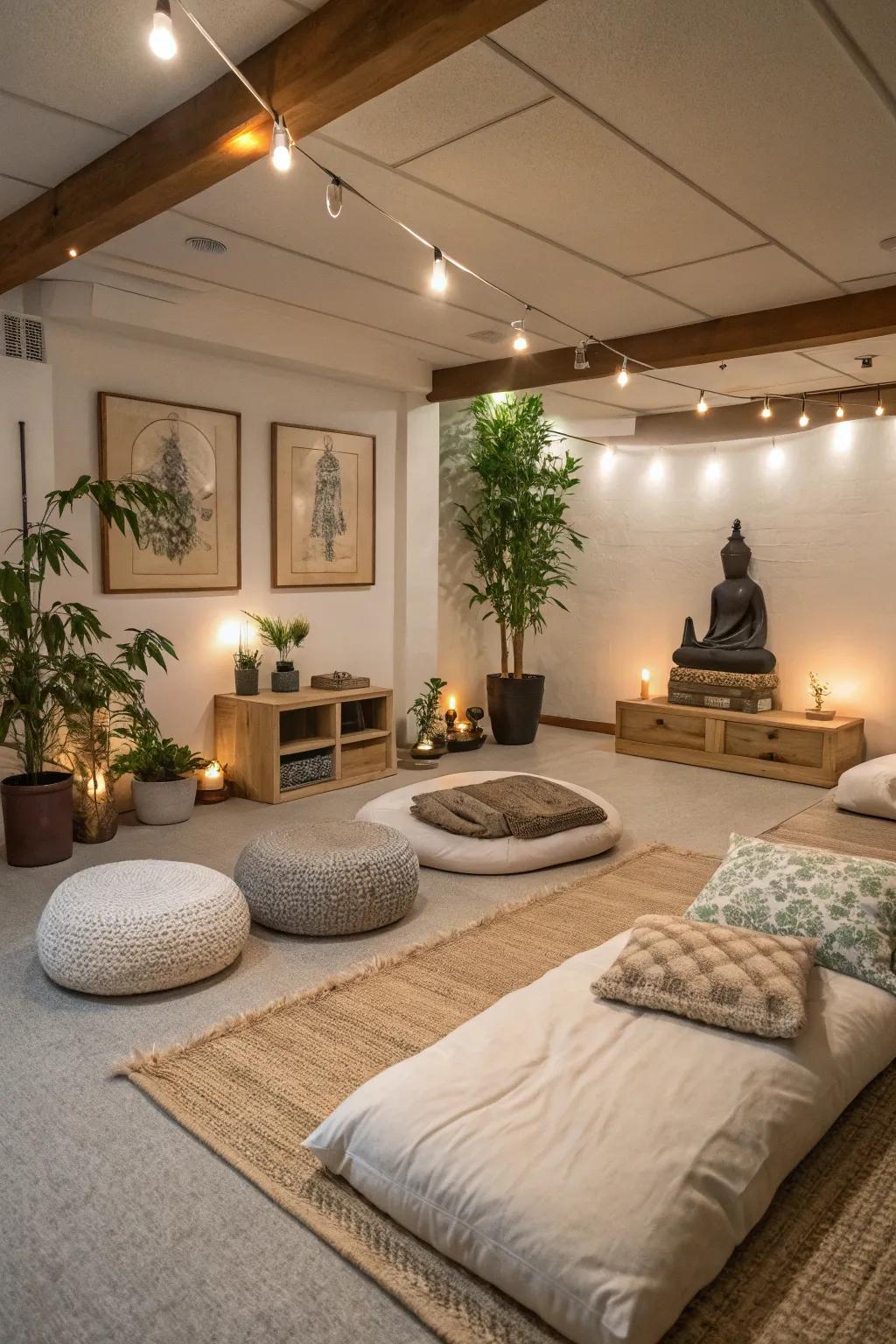 A peaceful basement meditation space with calming decor and comfortable seating.