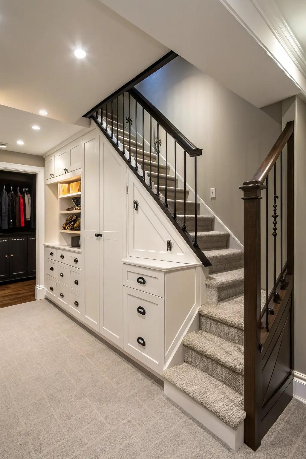 Tailored cupboards provide polished and organized under-step storage.