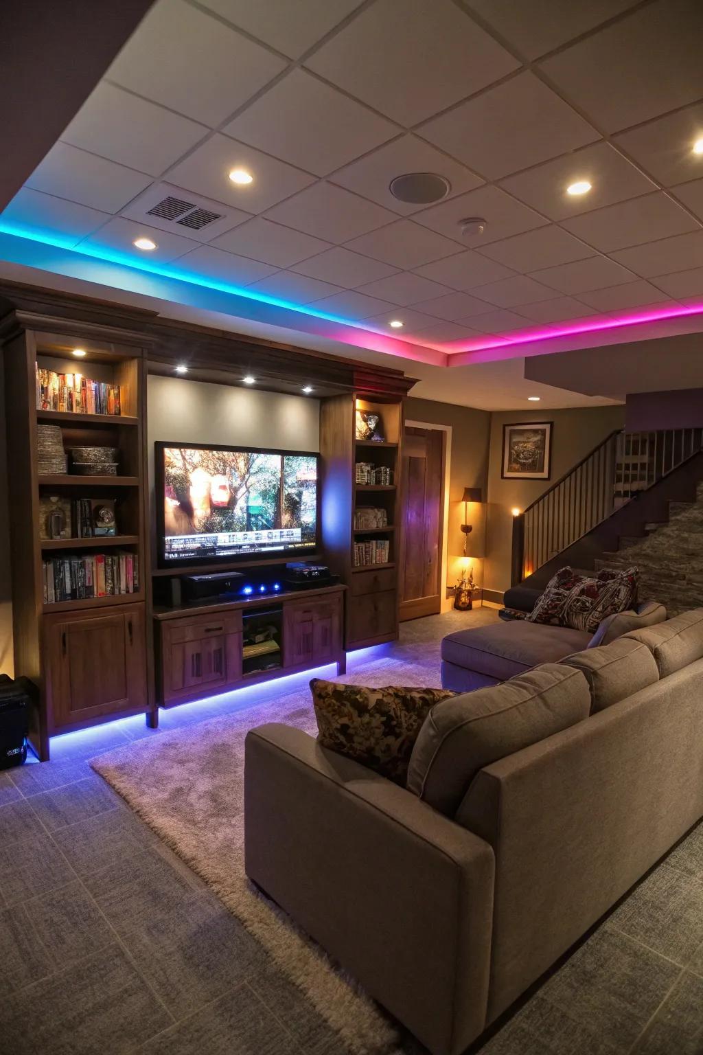 A basement TV zone featuring mood lighting that is adjustable to create a variety of ambiances.