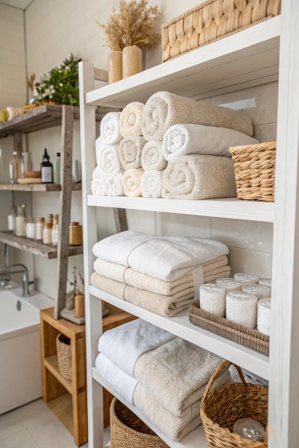 Plush towels and neutral tones create a spa-like ambiance.