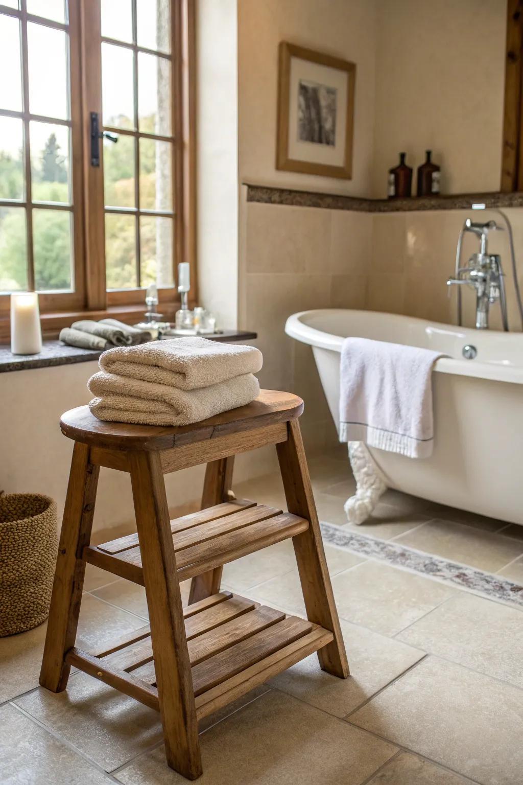 A footstool or chair introduces an unexpected twist to cloth storage.