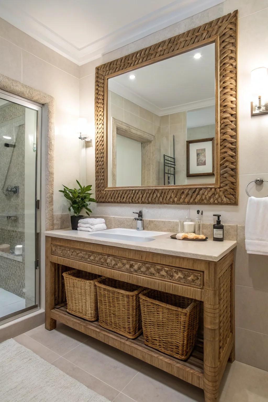 Natural frames can add warmth and texture to your bathroom.
