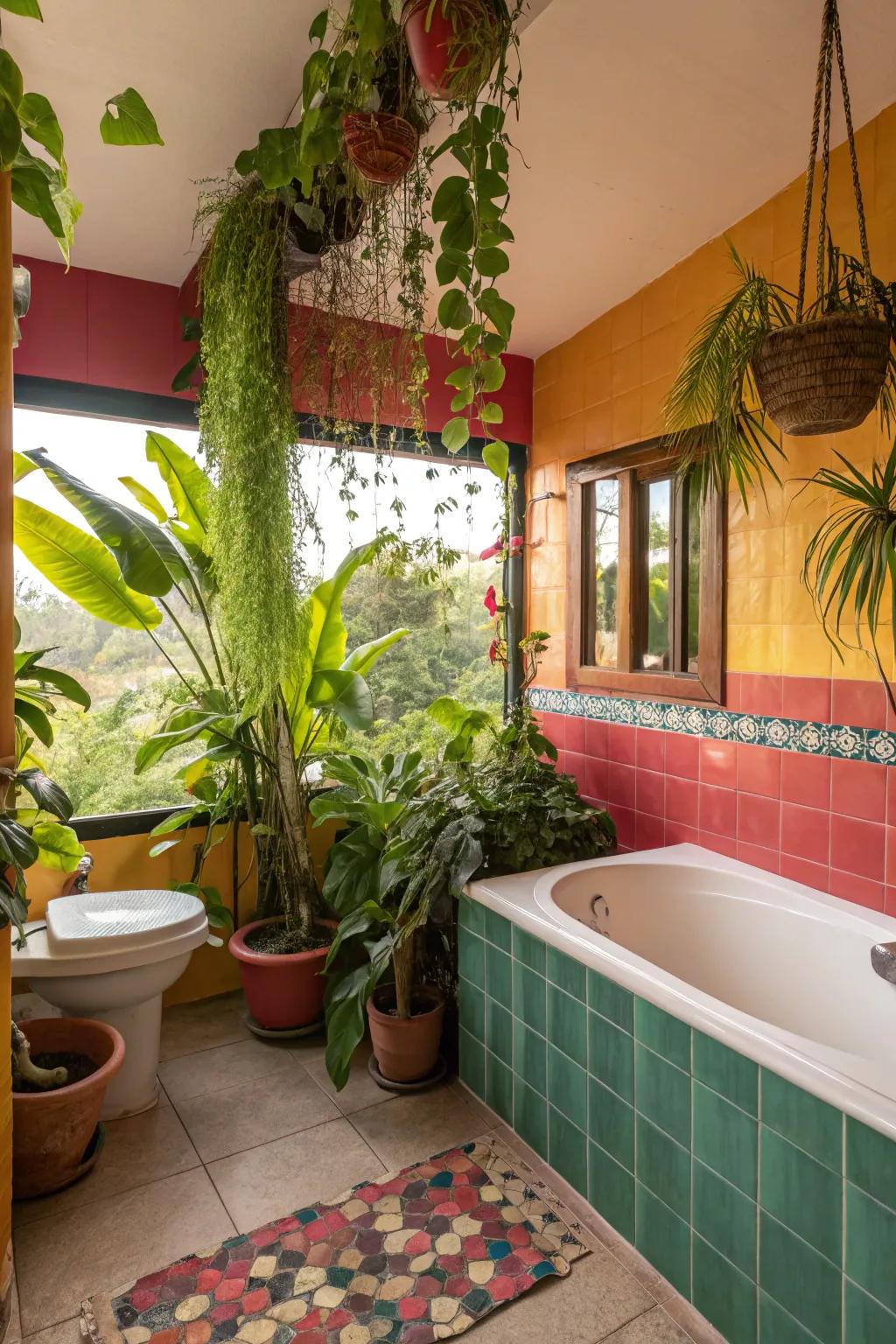 Get whisked away to a tropical paradise with vibrant and lush bathroom decorations.