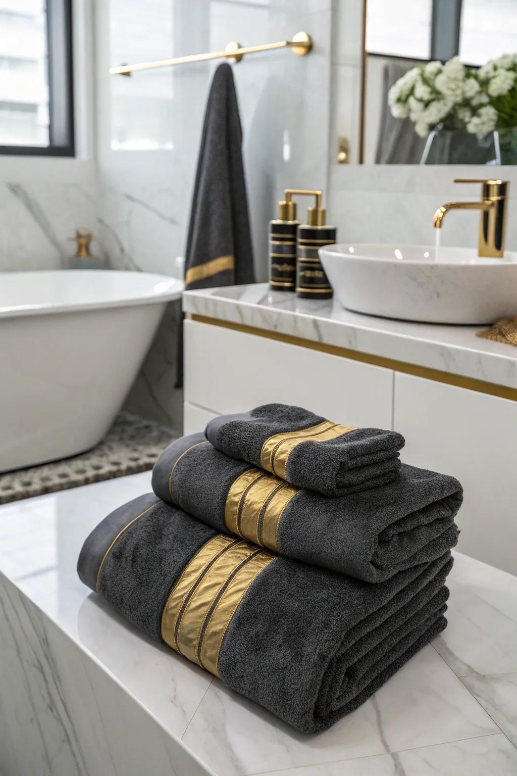 Coal and gold towels append a chic, contemporary twist.