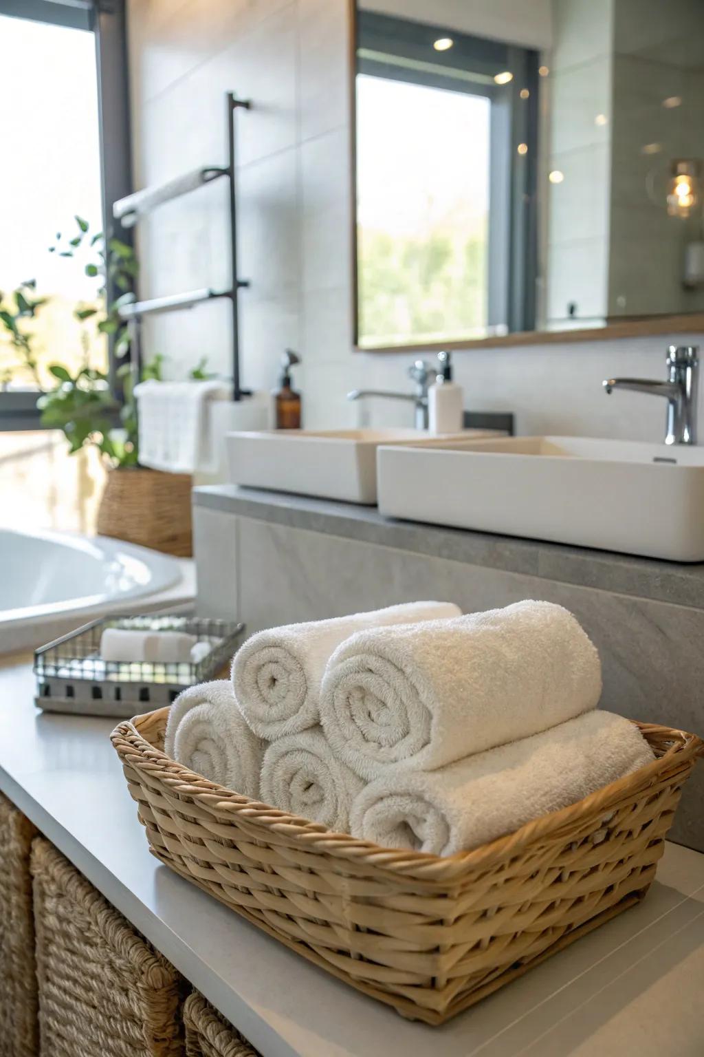 Create a cozy atmosphere with rolled towels in fashionable baskets.