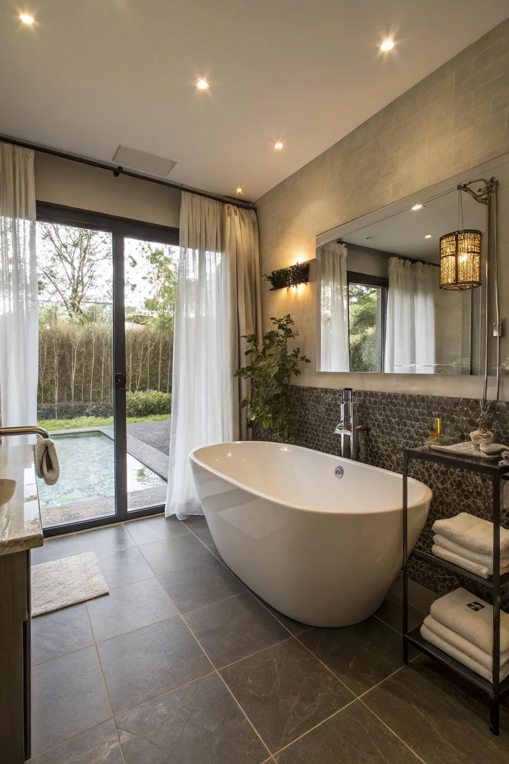An extravagant bathroom exhibiting a centrally situated stand-alone soaker.
