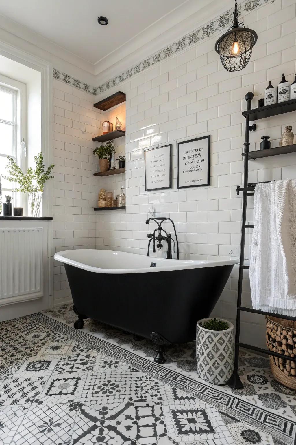 A sophisticated bathroom features a bold, black tub.