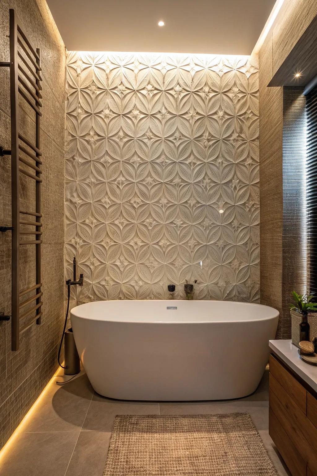 Textured stone creates a visually interesting backdrop for the tub.