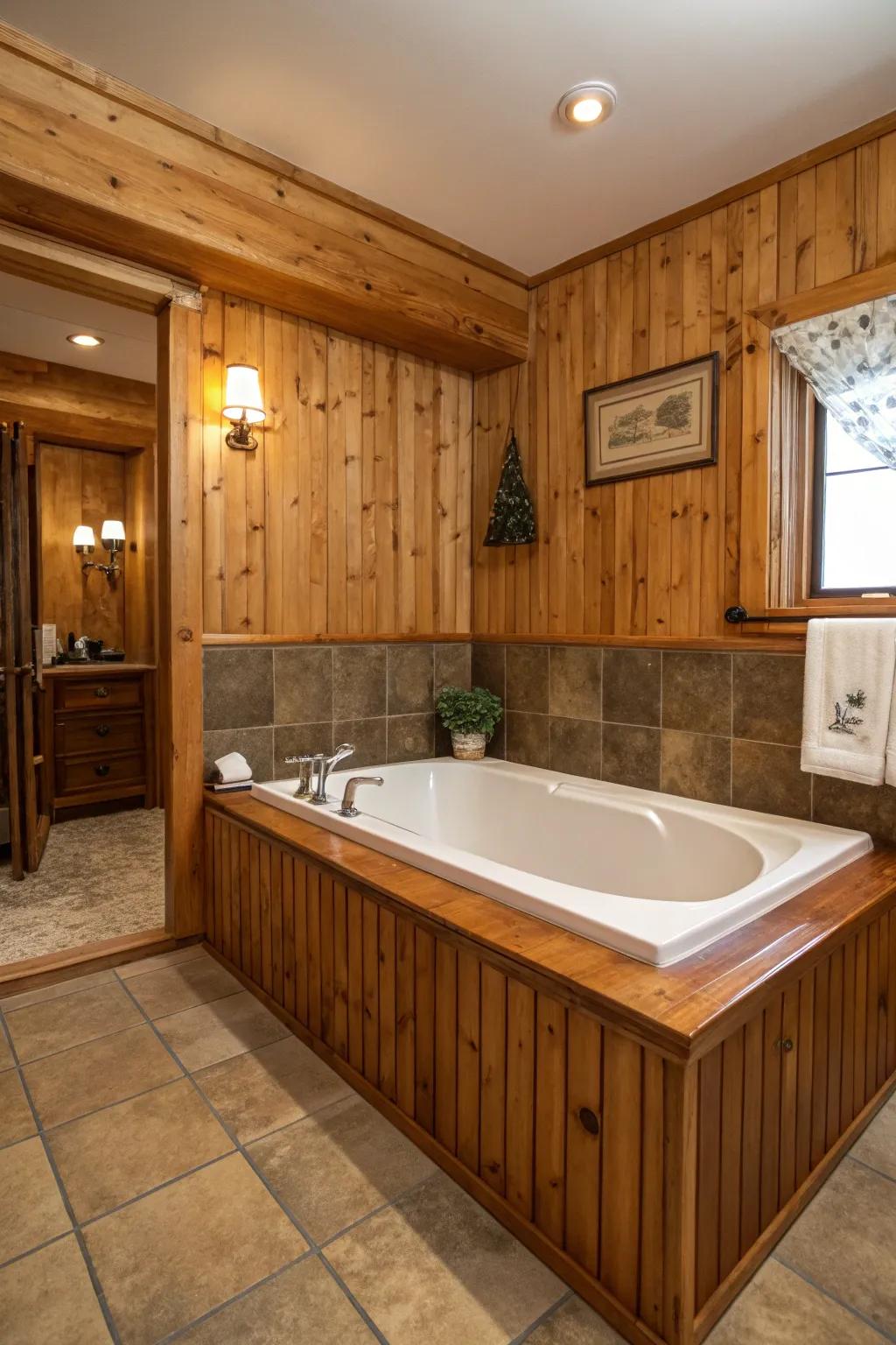 Wood paneling brings warmth and natural beauty to your bathtub space.