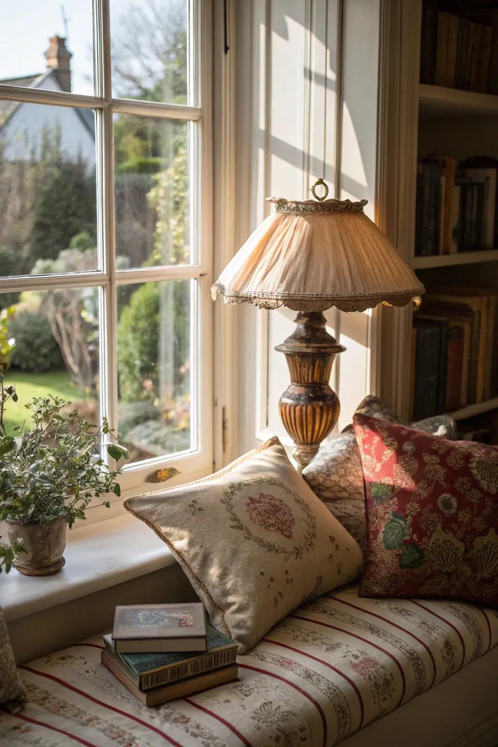 Vintage textiles contribute charm and history to your cozy window nook.
