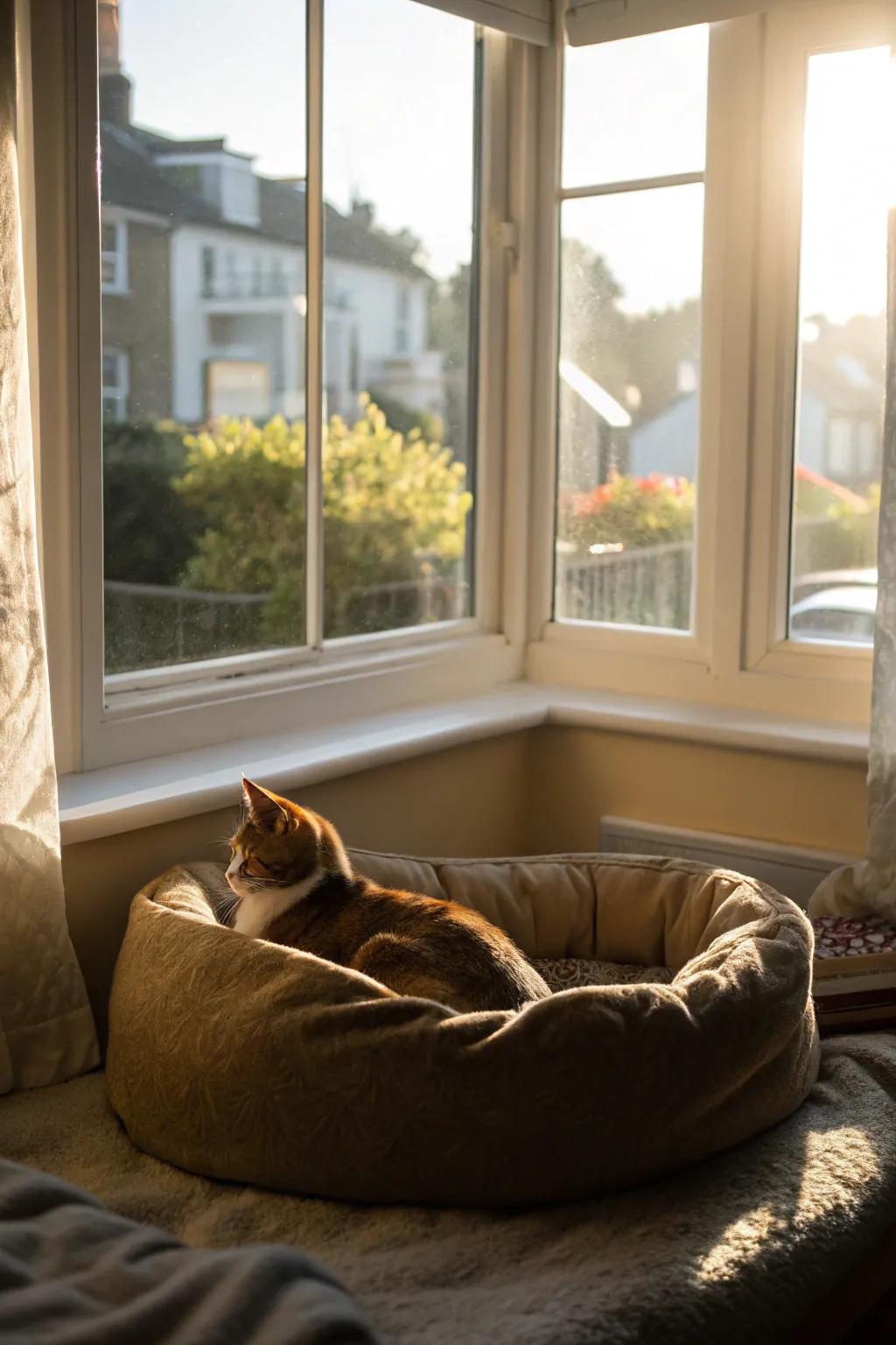 A pet-friendly retreat in the bay window offers a sunny spot for your furry friend.