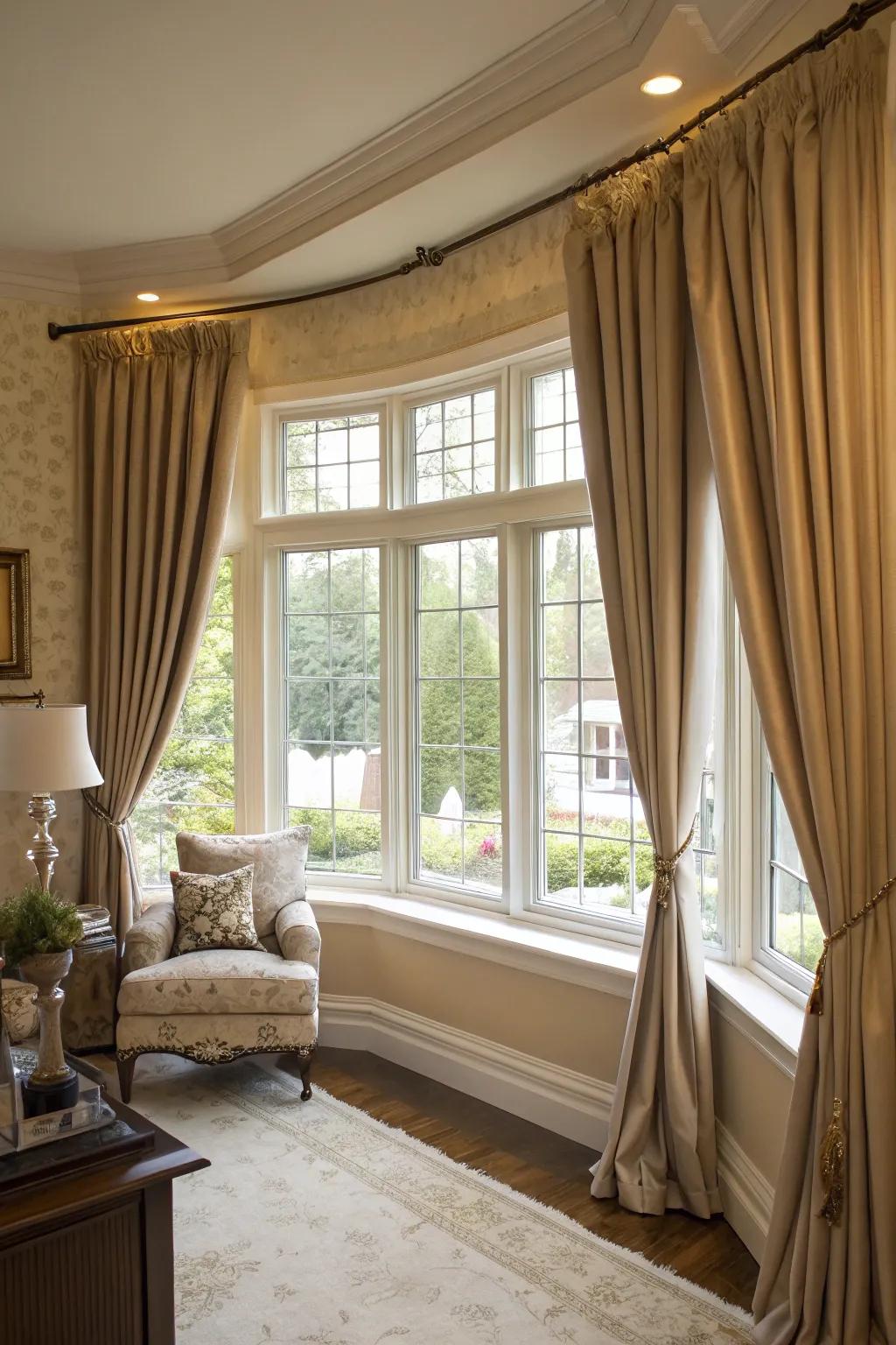 Bay window rods provide seamless curtain hanging.
