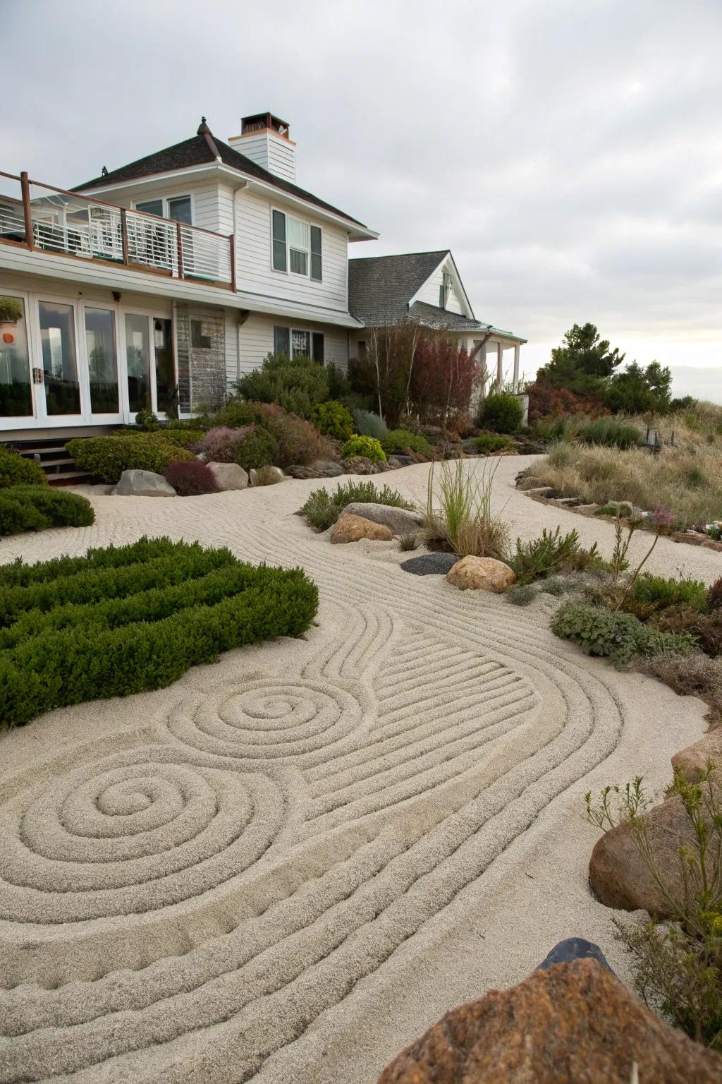 A tranquil sand garden echoing the natural beach environment.