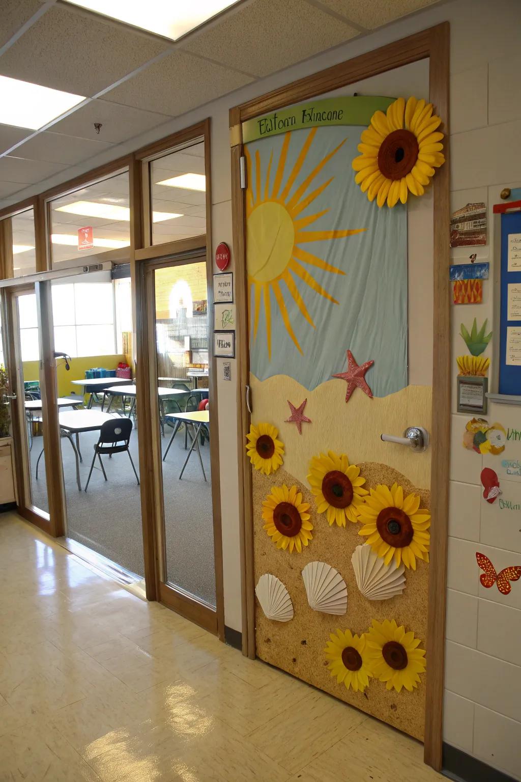 Classroom entrance with an energizing sun and sand theme.