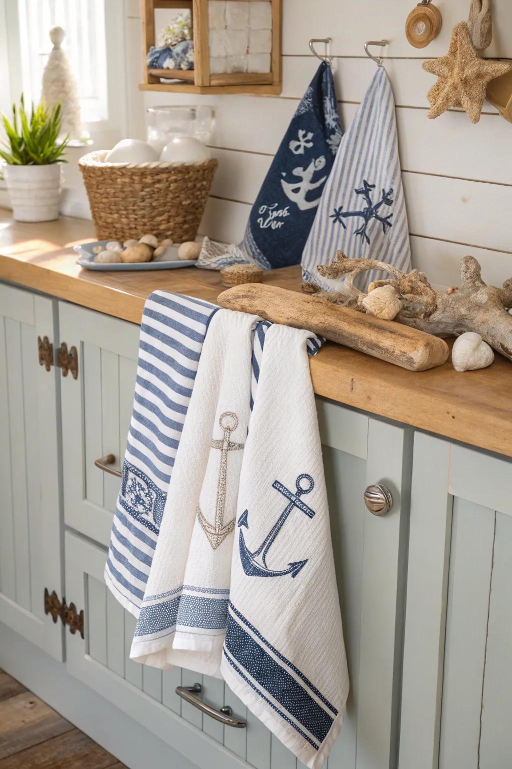 Bring a touch of the sea to your kitchen with nautical towels.