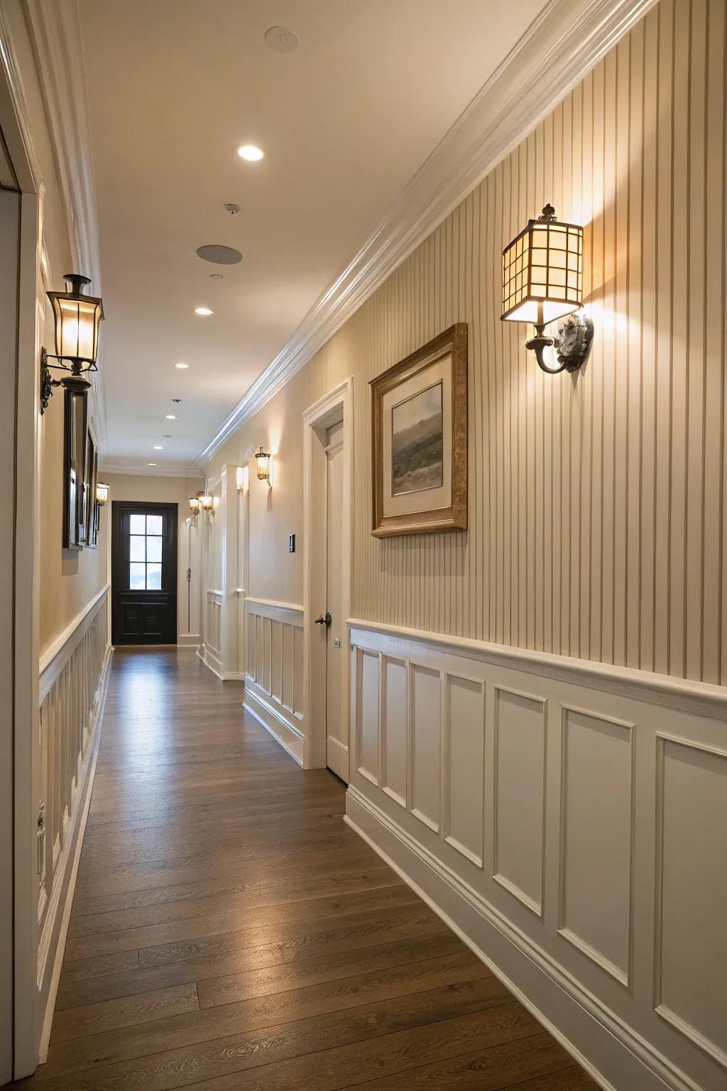 A glamorous hallway featuring painted plank panel walls.