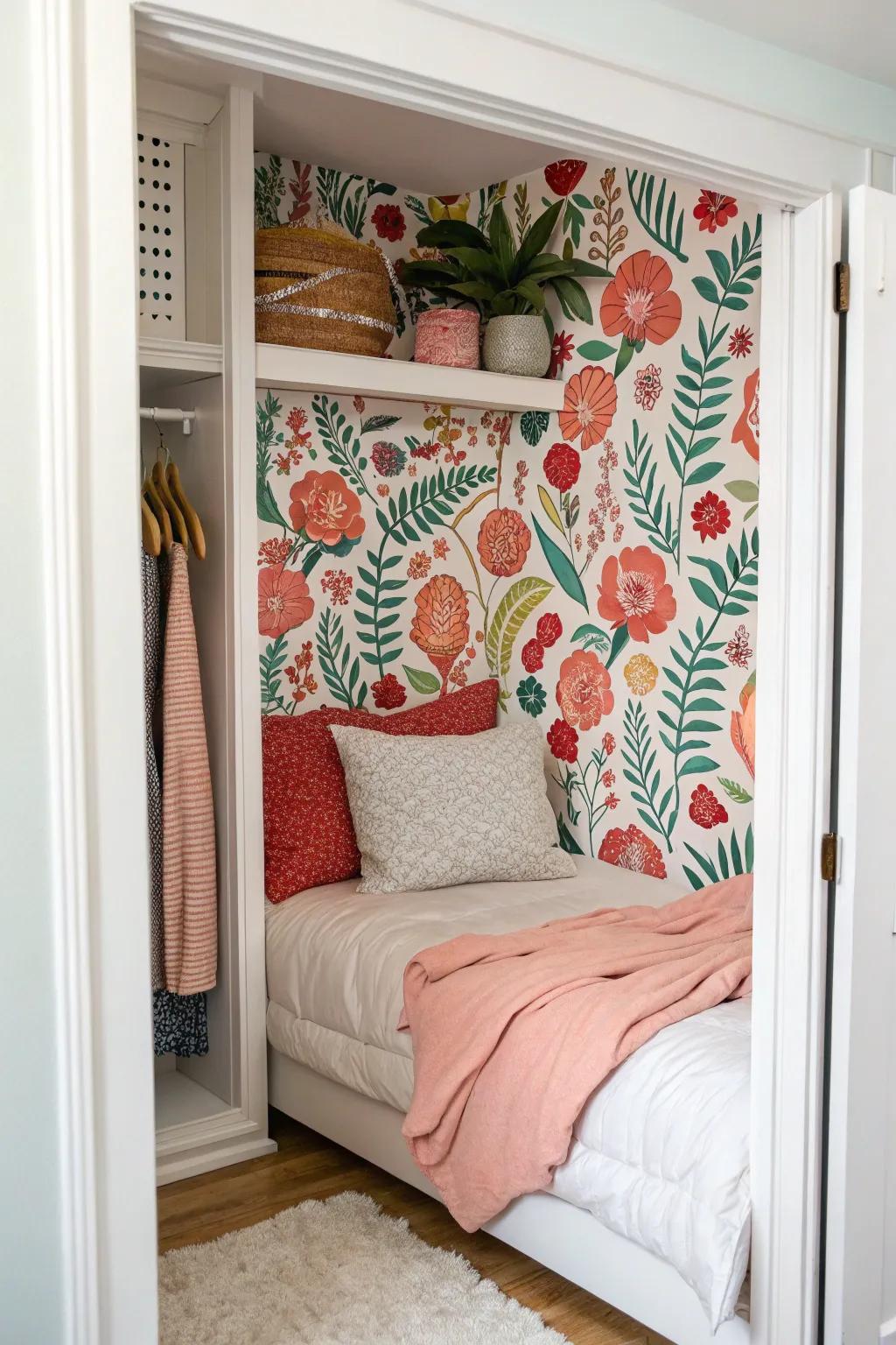 Wallpaper introduces a vibrant touch to your closet sleeping area.