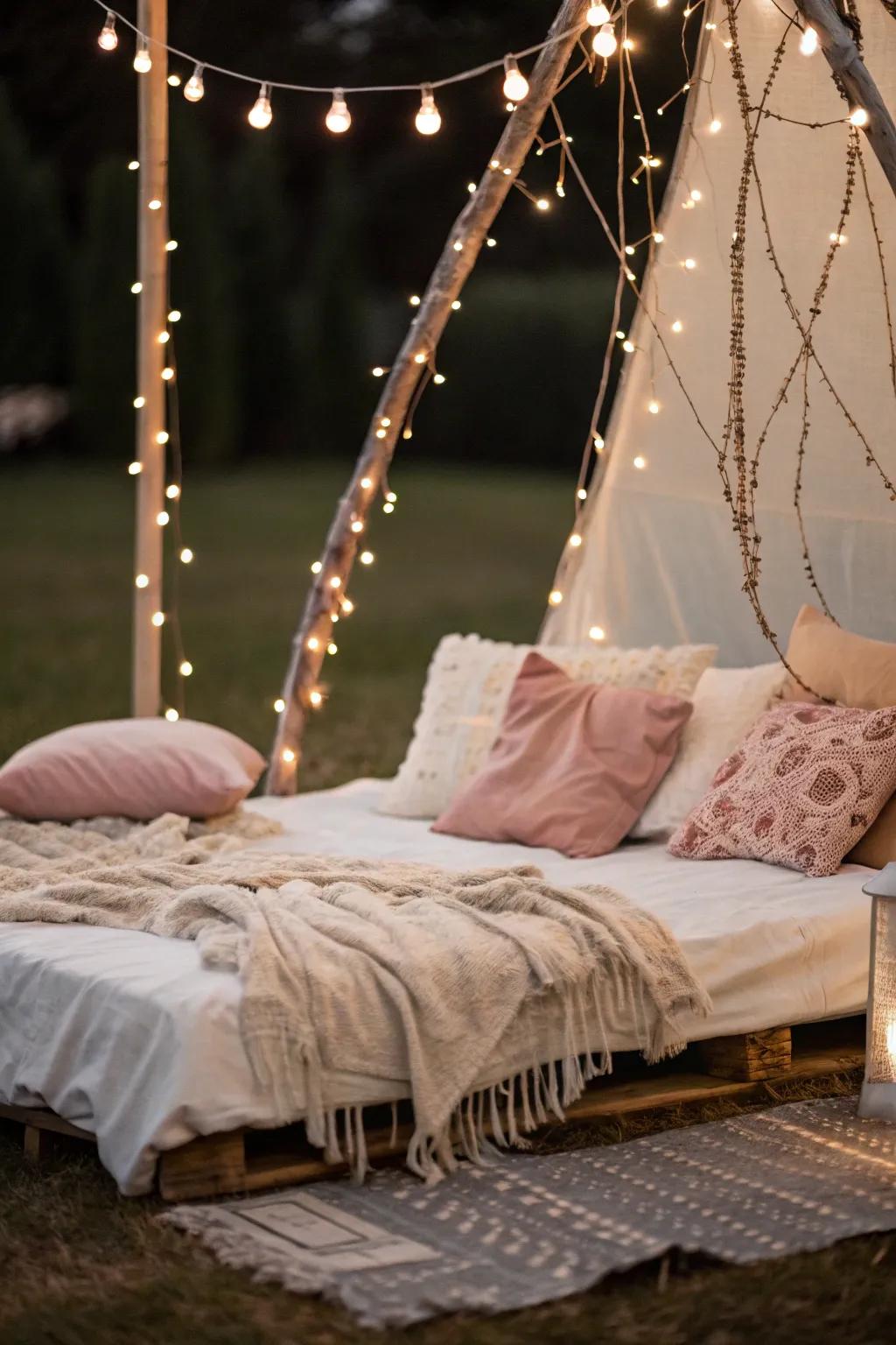 Add whimsy with string lights highlighting your floor bed.