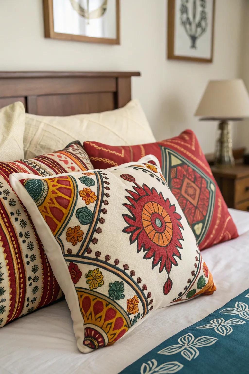 Fuse cultural patterns for a rich and layered cushion arrangement.