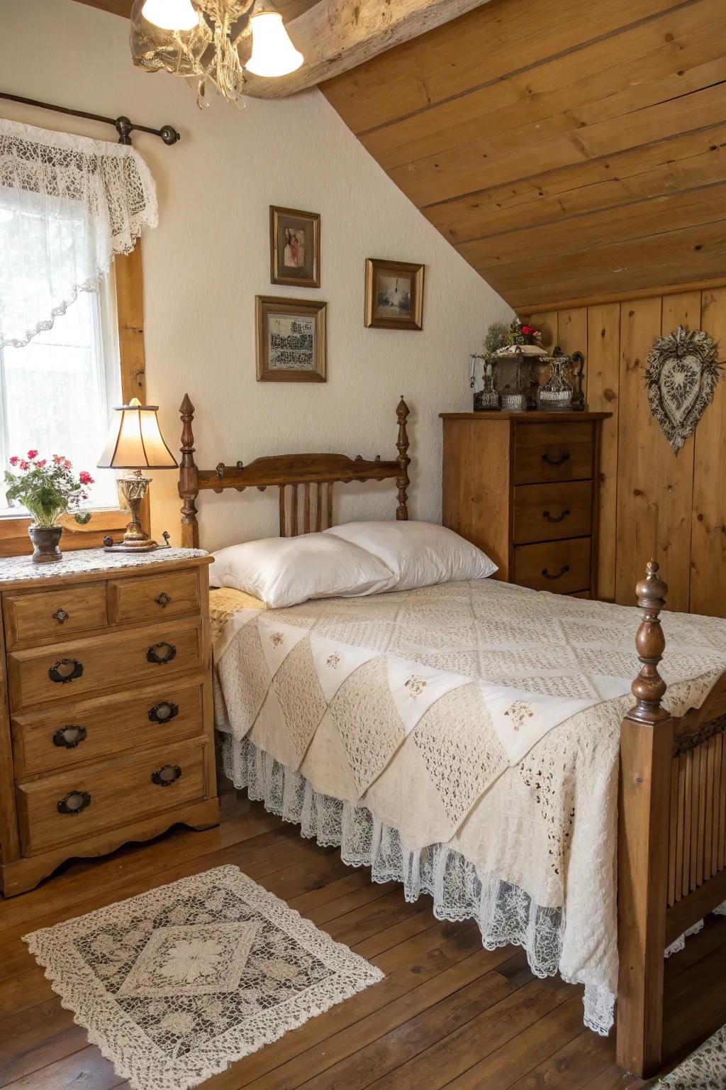Homespun wood furnishings add warmth and vintage charm to this cozy bedroom.