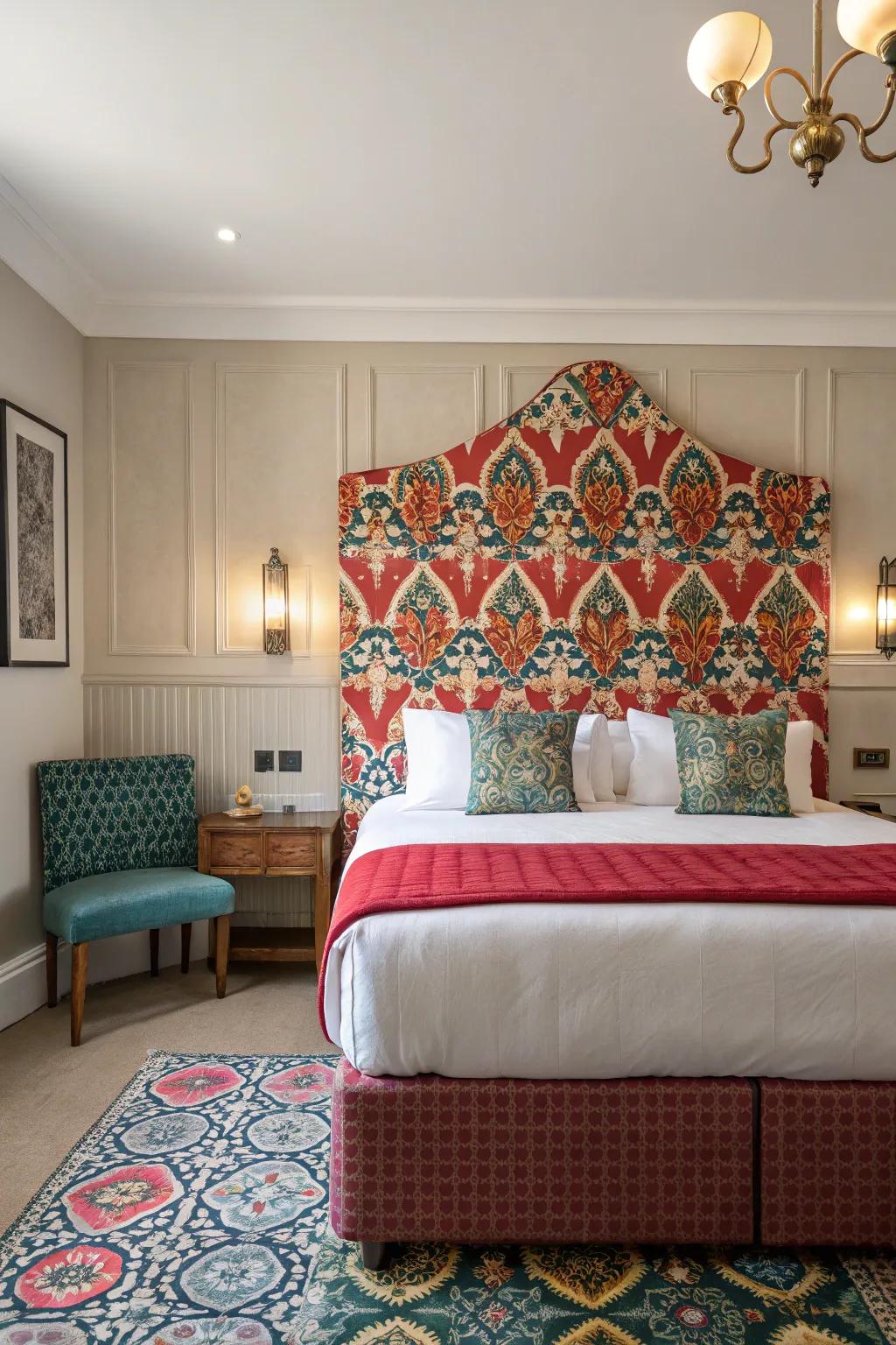 An impressive headboard grabs focus.