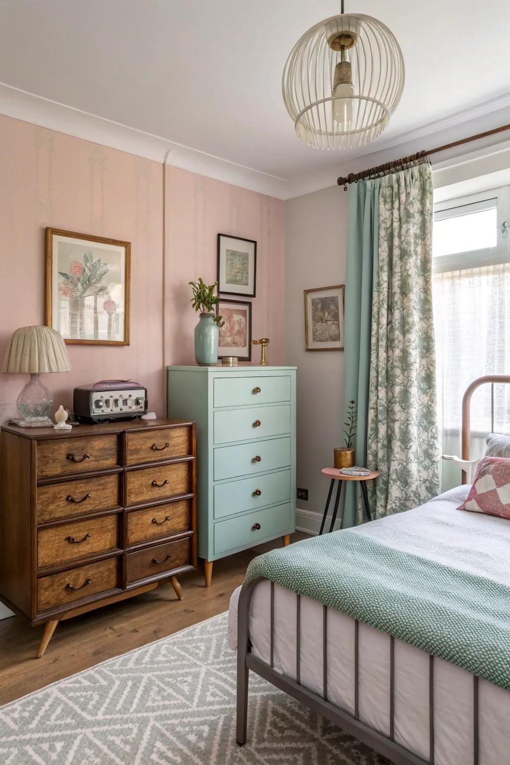 Vintage pieces add character and contrast to the modern design.