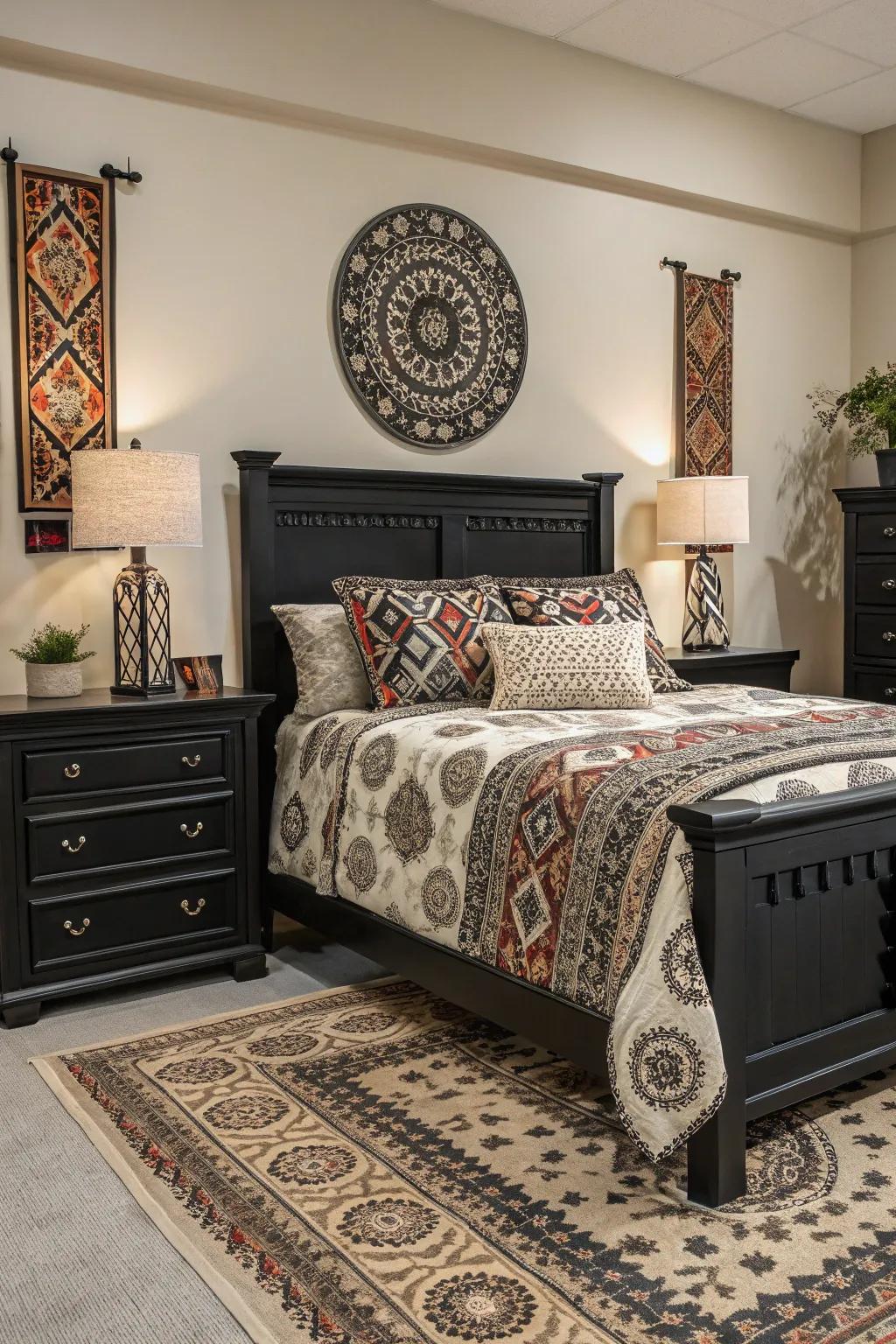 Patterns in textiles soften the boldness of black furniture, adding harmony.