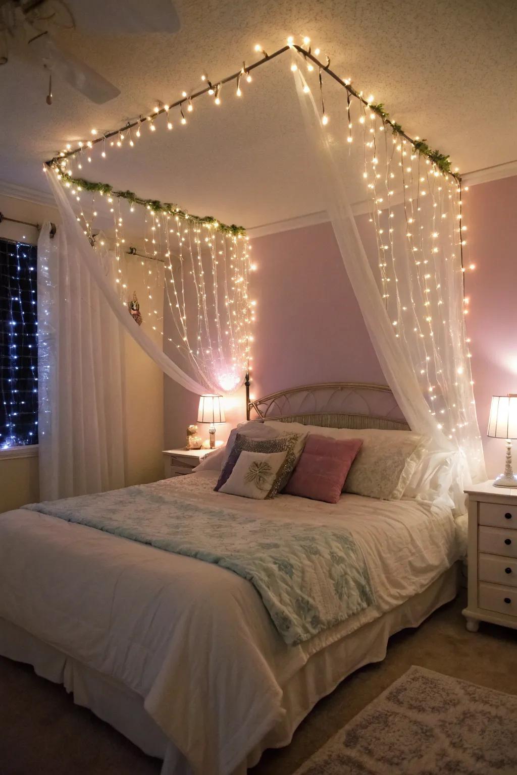 Sparkle lights give bedroom décor a whimsical touch.