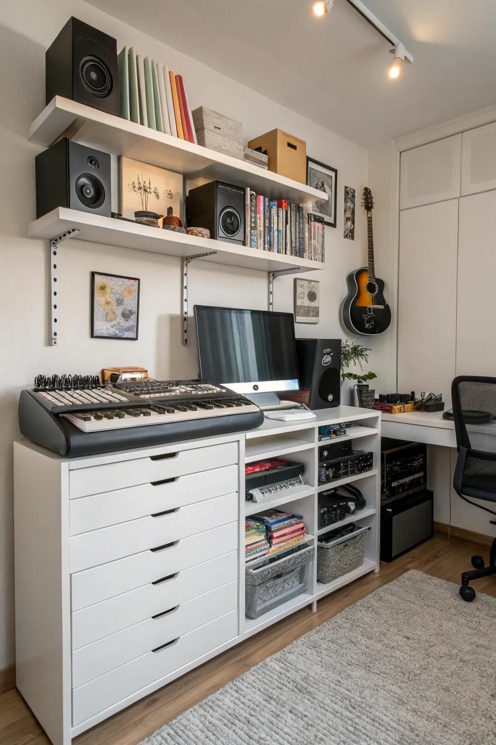 Under-desk storage helps maximize space management in your studio.