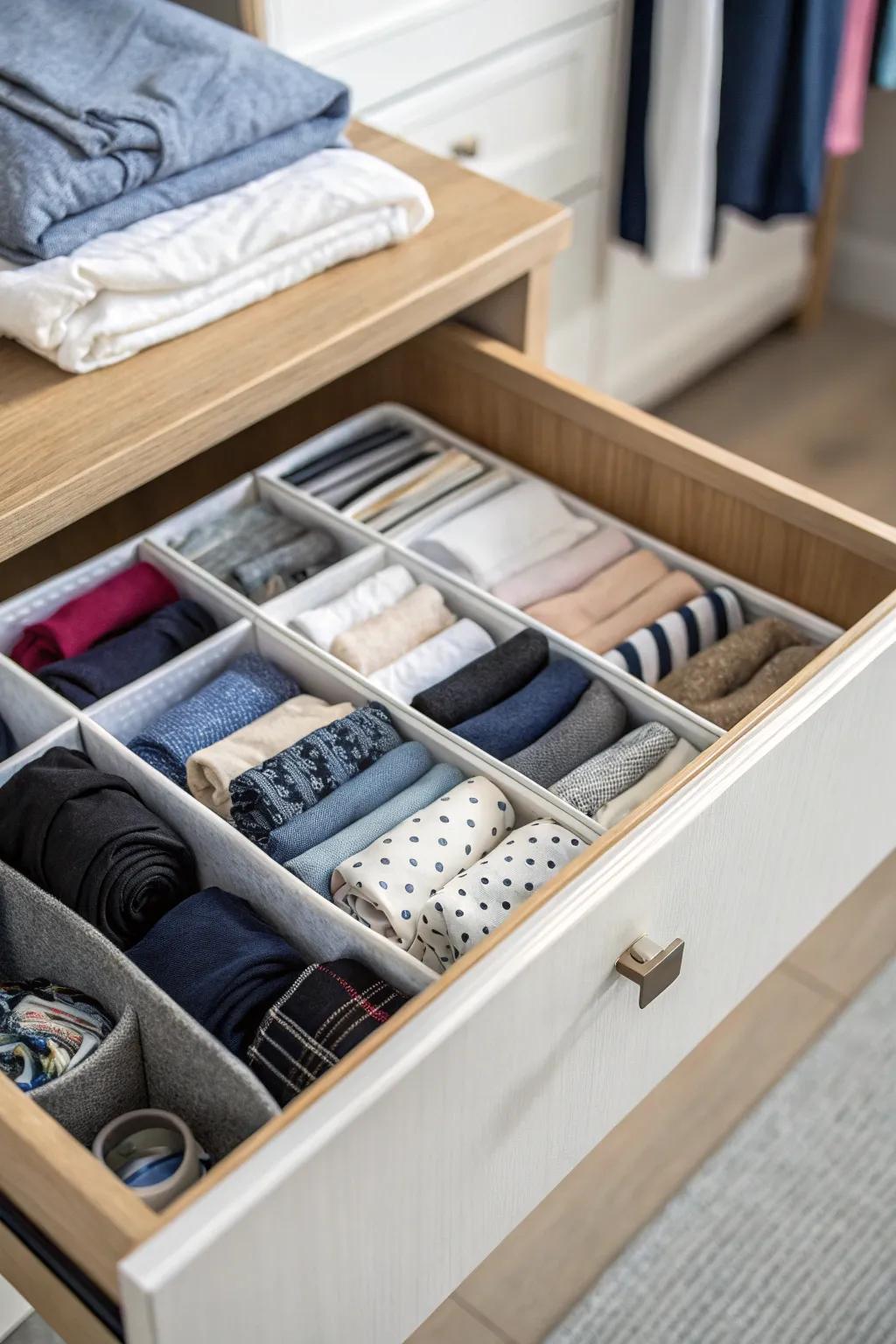 Keep your drawers arranged using clever separators for apparel.