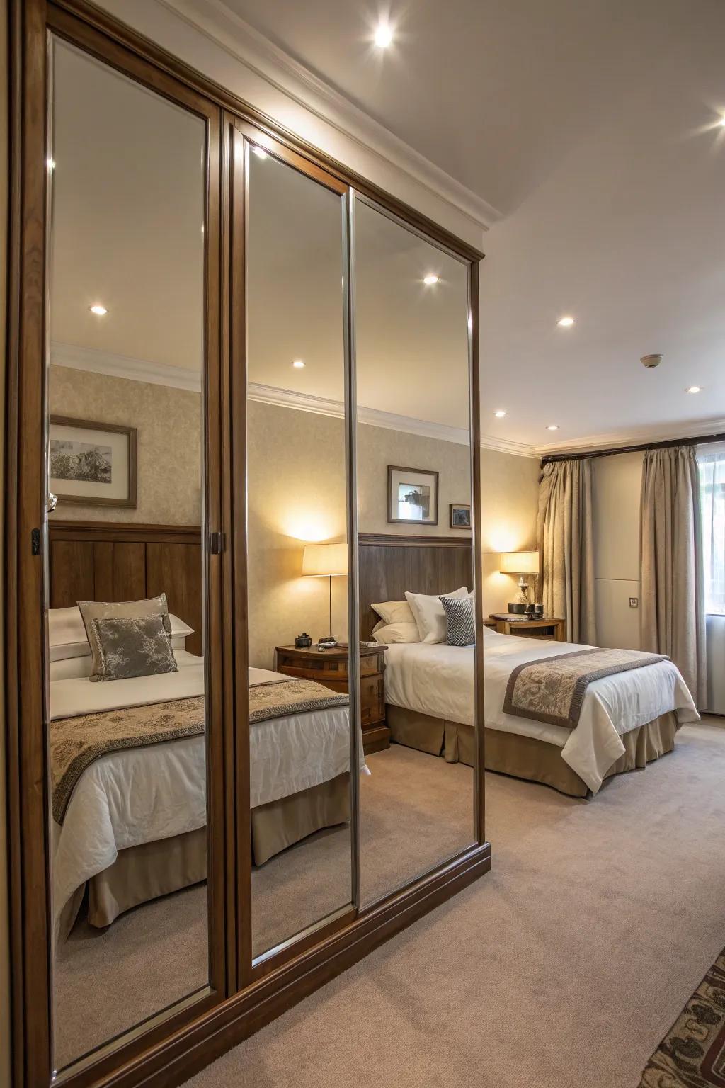 A bedroom with strategically placed mirrors that enhance the feeling of spaciousness.