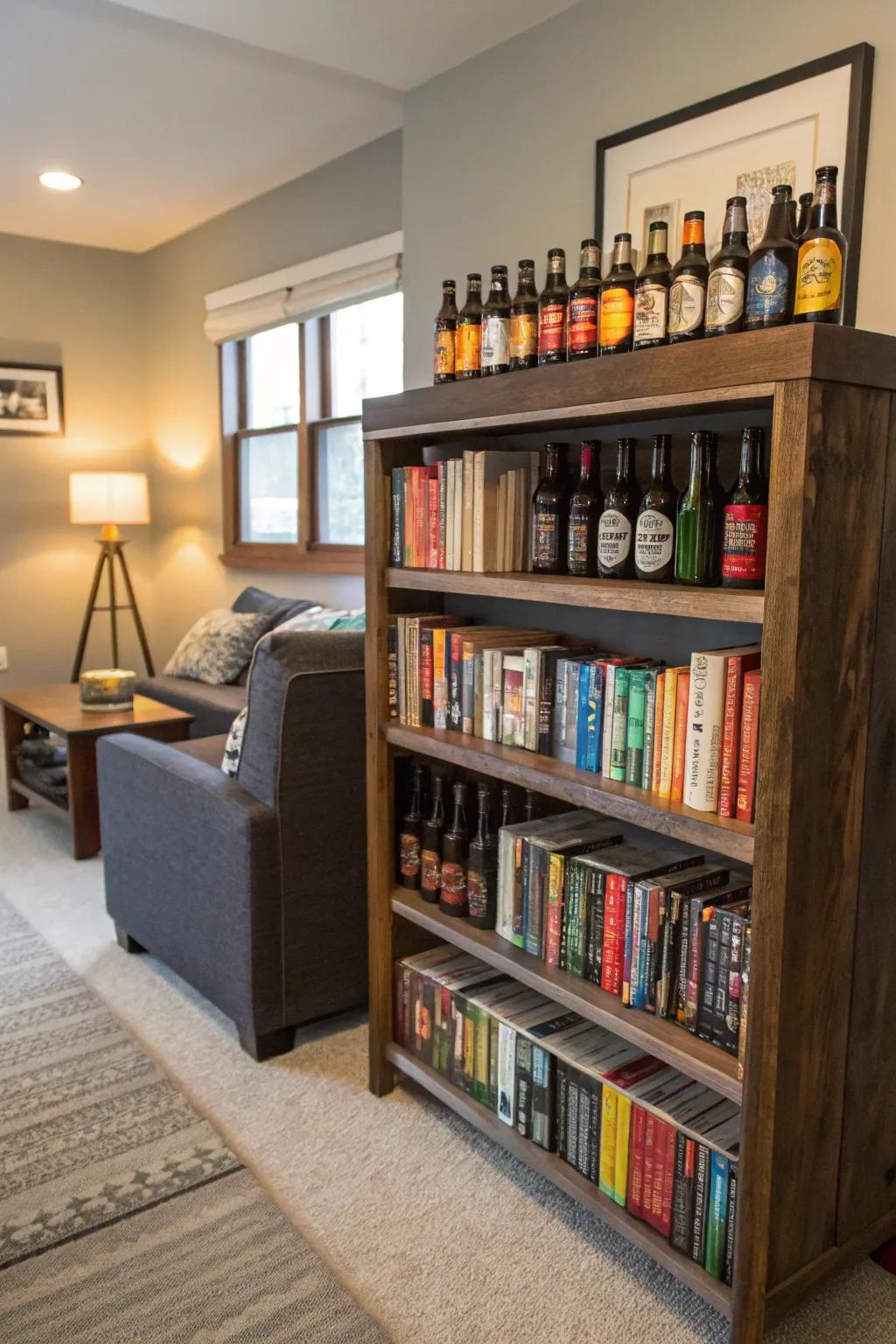 A reclaimed bookcase in the lounge displaying beer bottles.