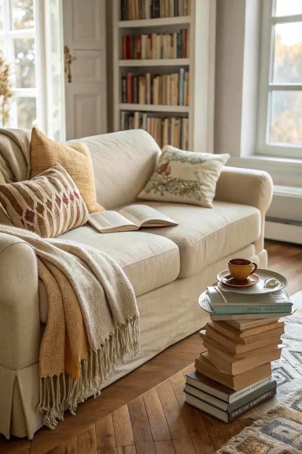 A charming reading spot featuring ambient lighting and a sand-toned sofa.