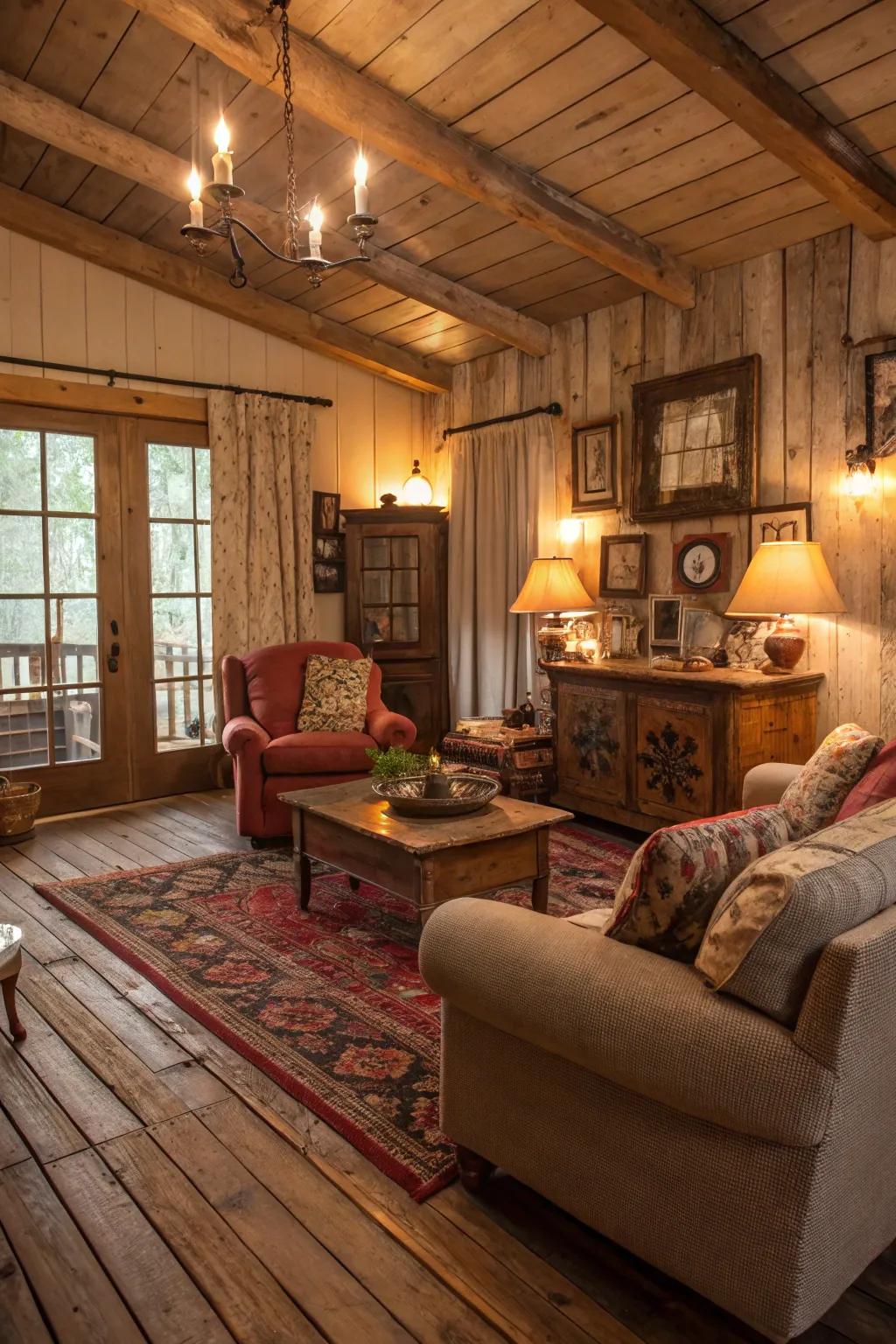 Reclaimed wood flooring enhances rustic charm and character.