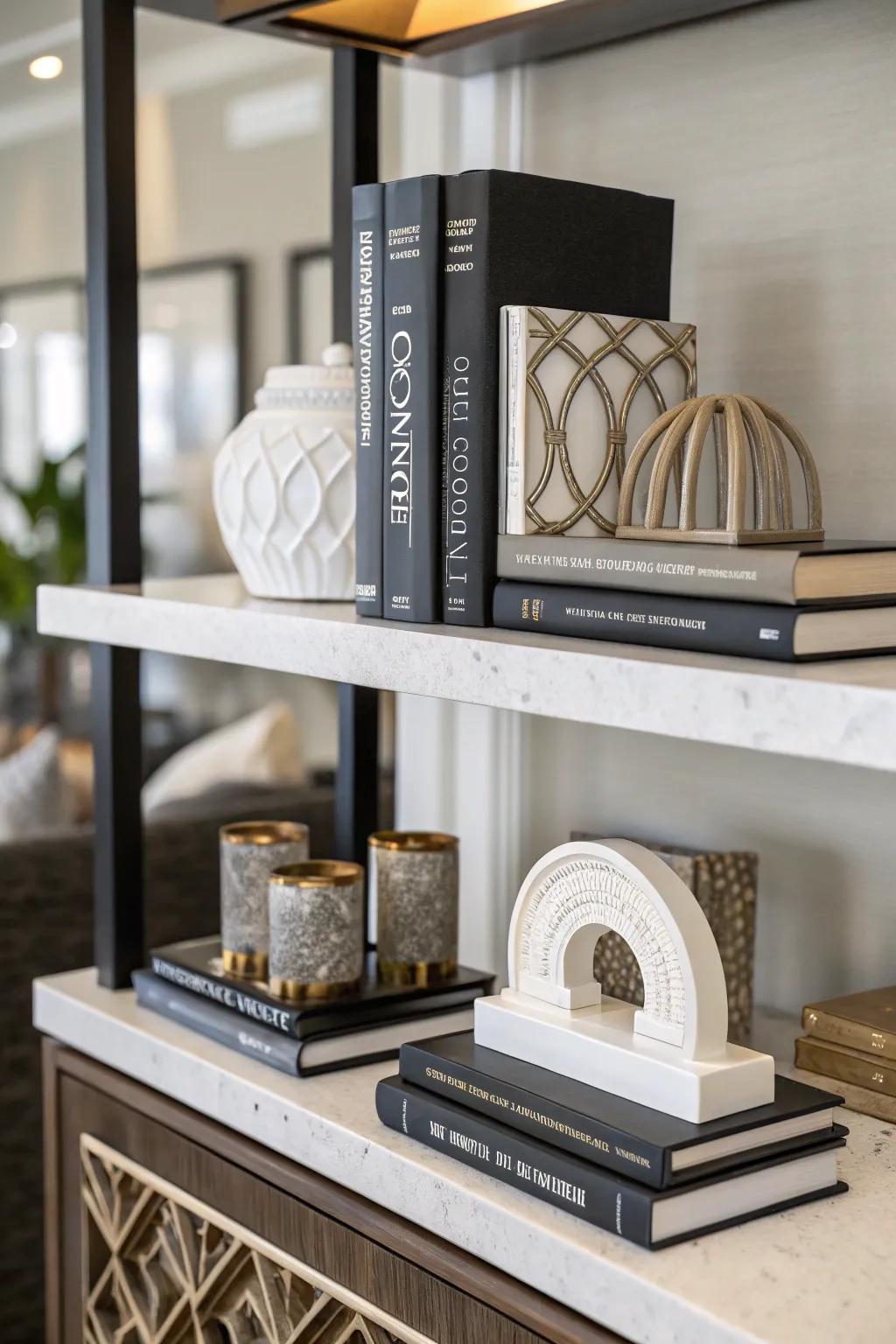 Decorative bookends are a practical yet charming addition to any bookshelf.