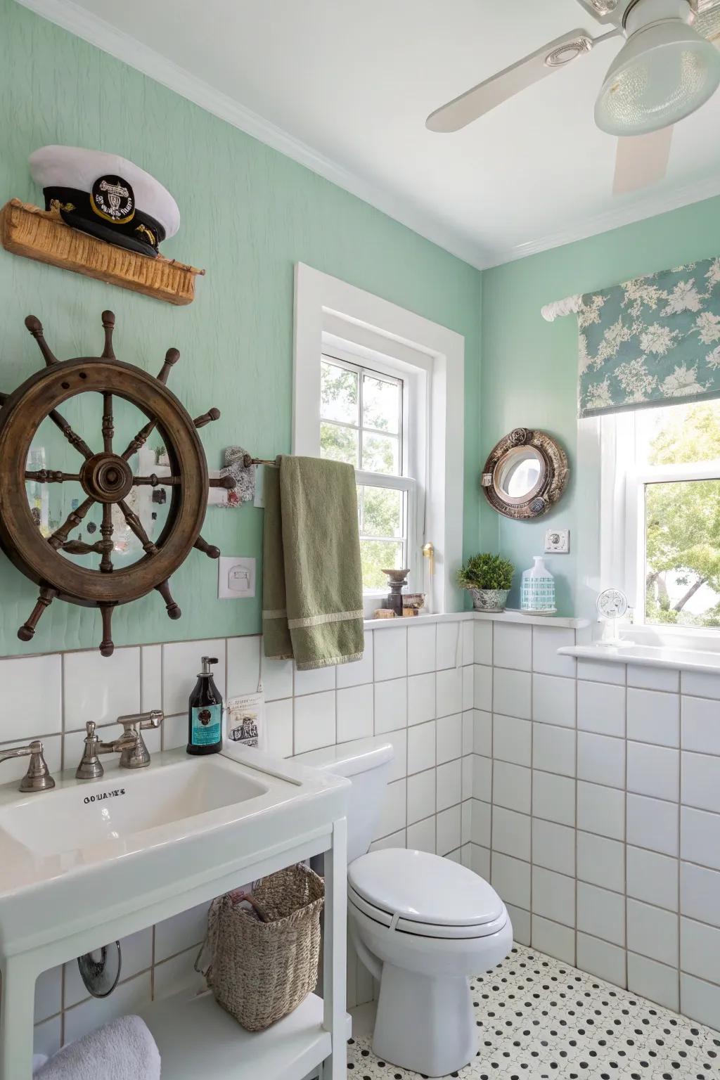 A seaside-inspired powder room featuring calming calm green walls.