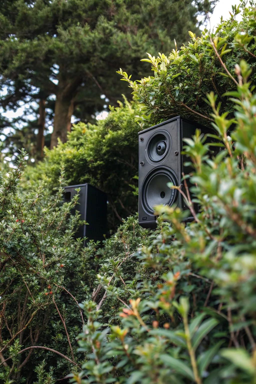 Hidden speakers in greenery offer sound without disrupting the natural view.