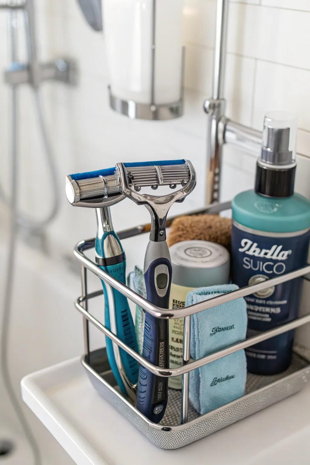 Improve convenience with a shower buddy featuring built-in razor holders.