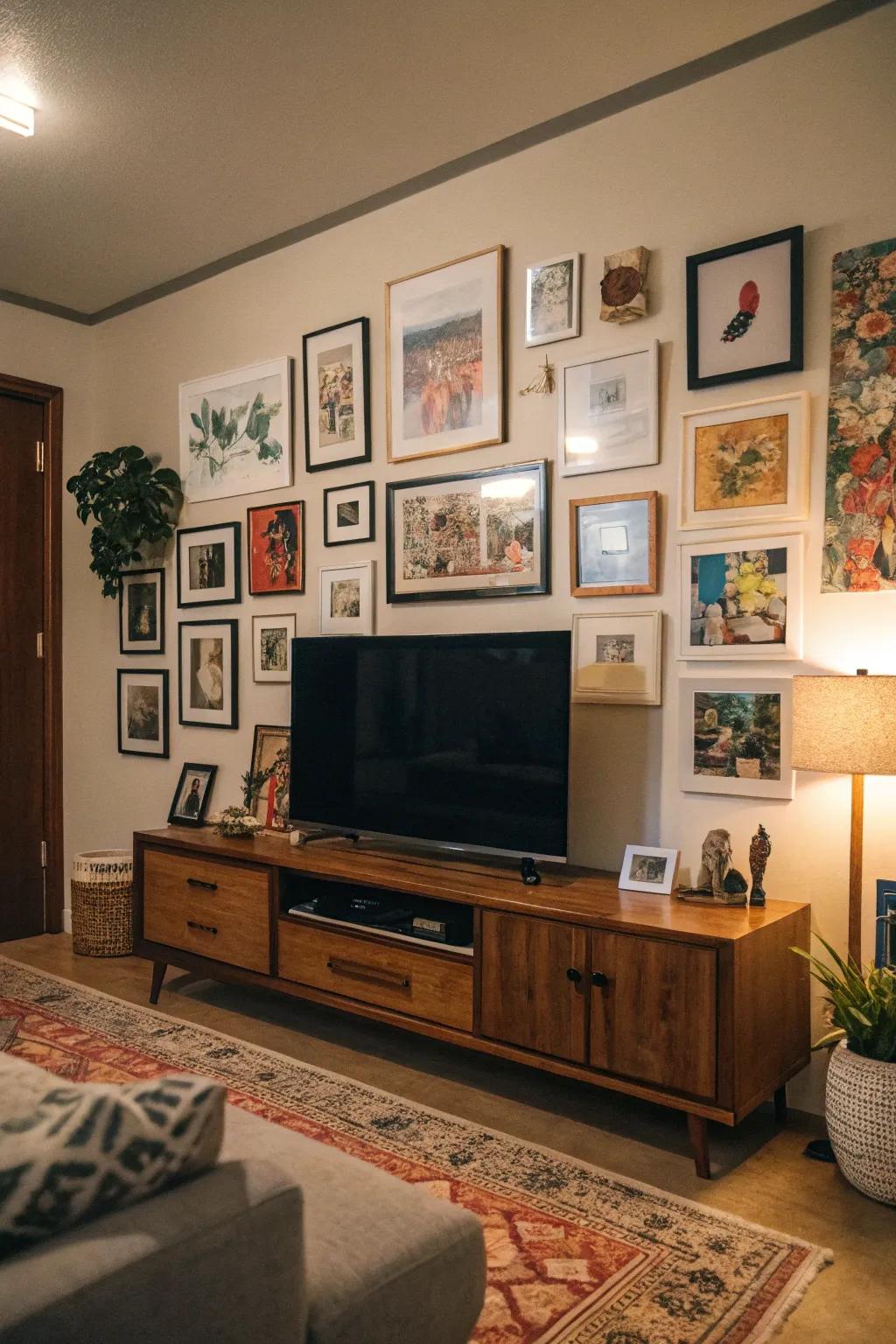 A gallery wall transforms the TV into part of the decor.